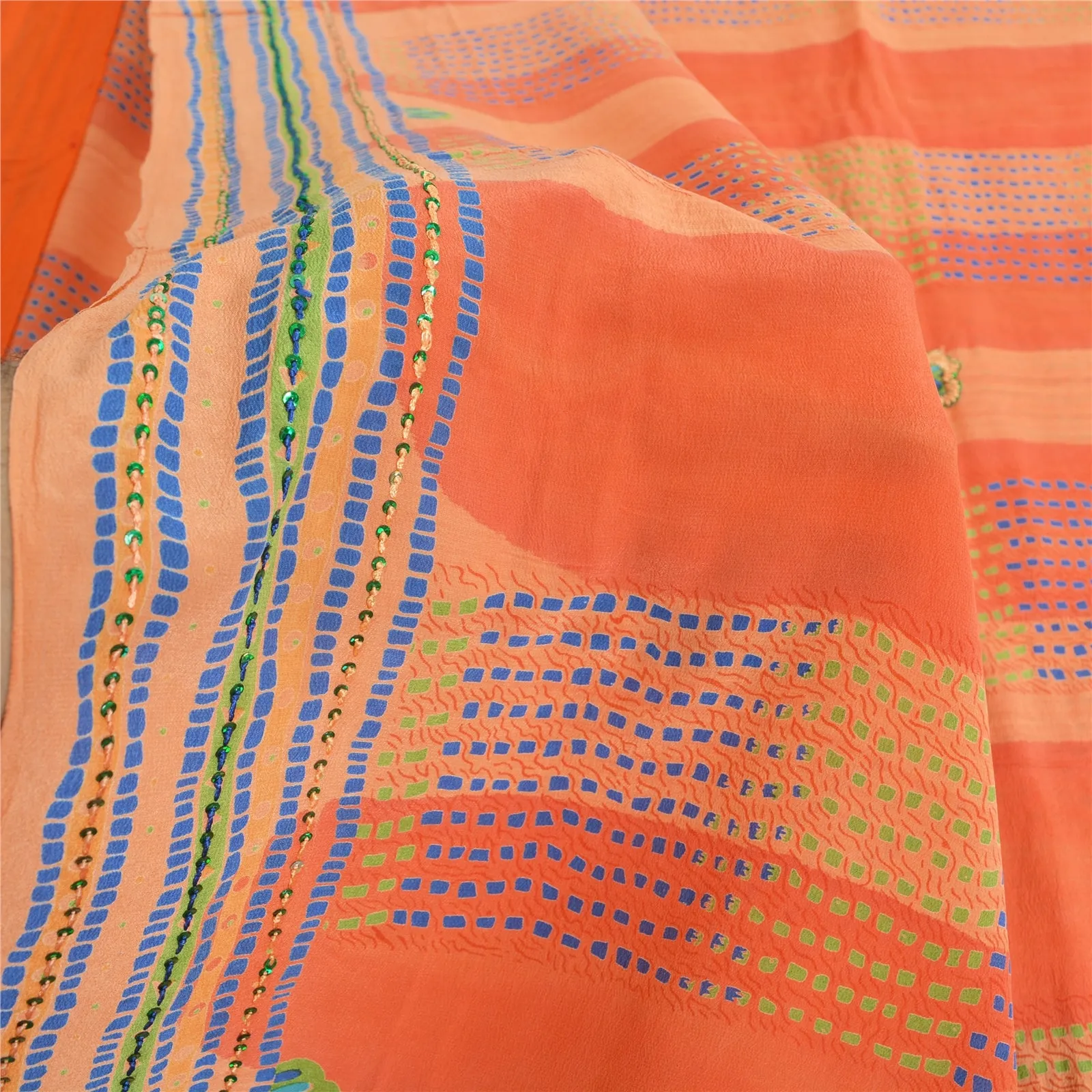 Sanskriti Vintage Sarees Orange/Peach Hand Beaded Pure Crepe Printed Sari Fabric