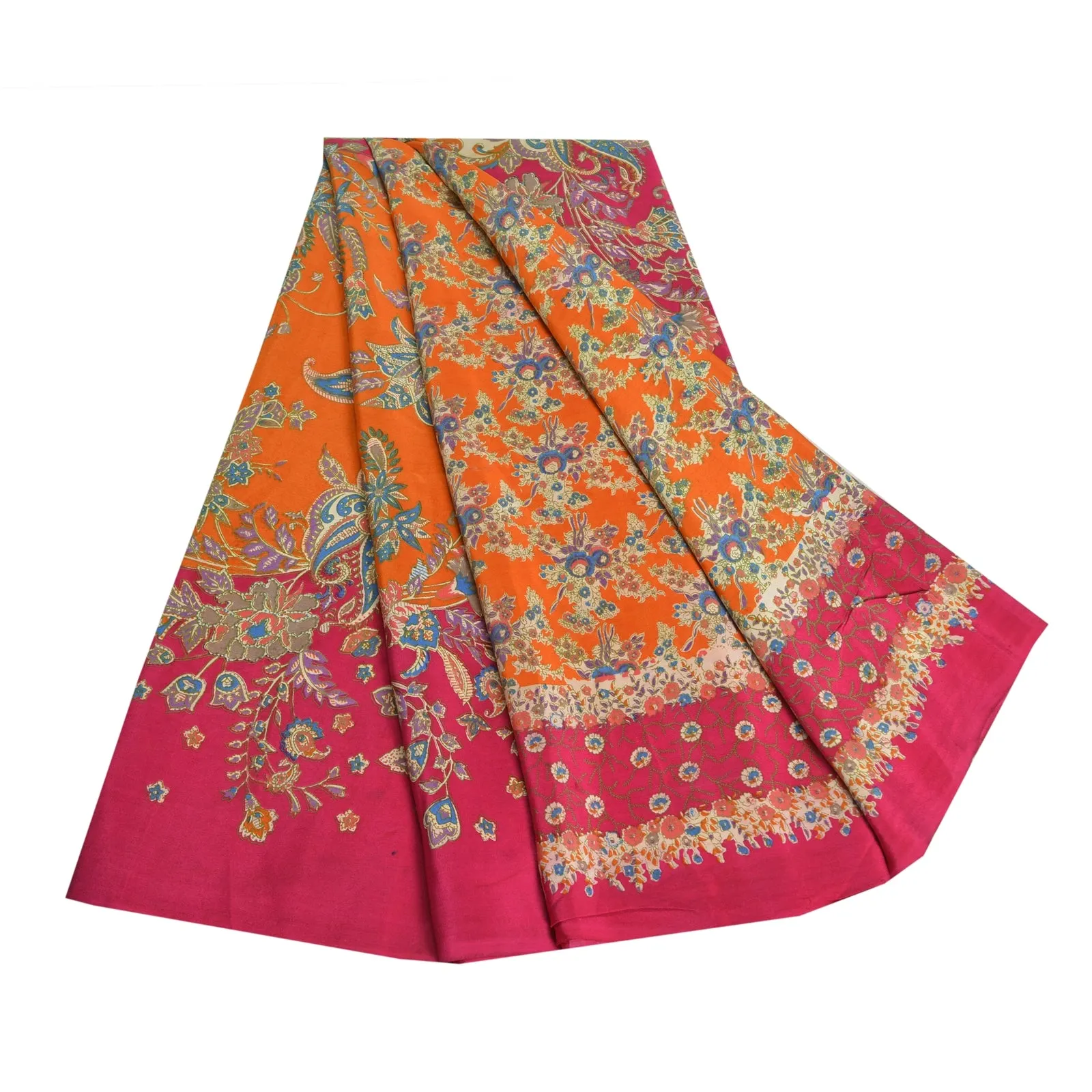 Sanskriti Vintage Sarees Orange/Pink Pure Crepe Silk Printed Sari Craft Fabric