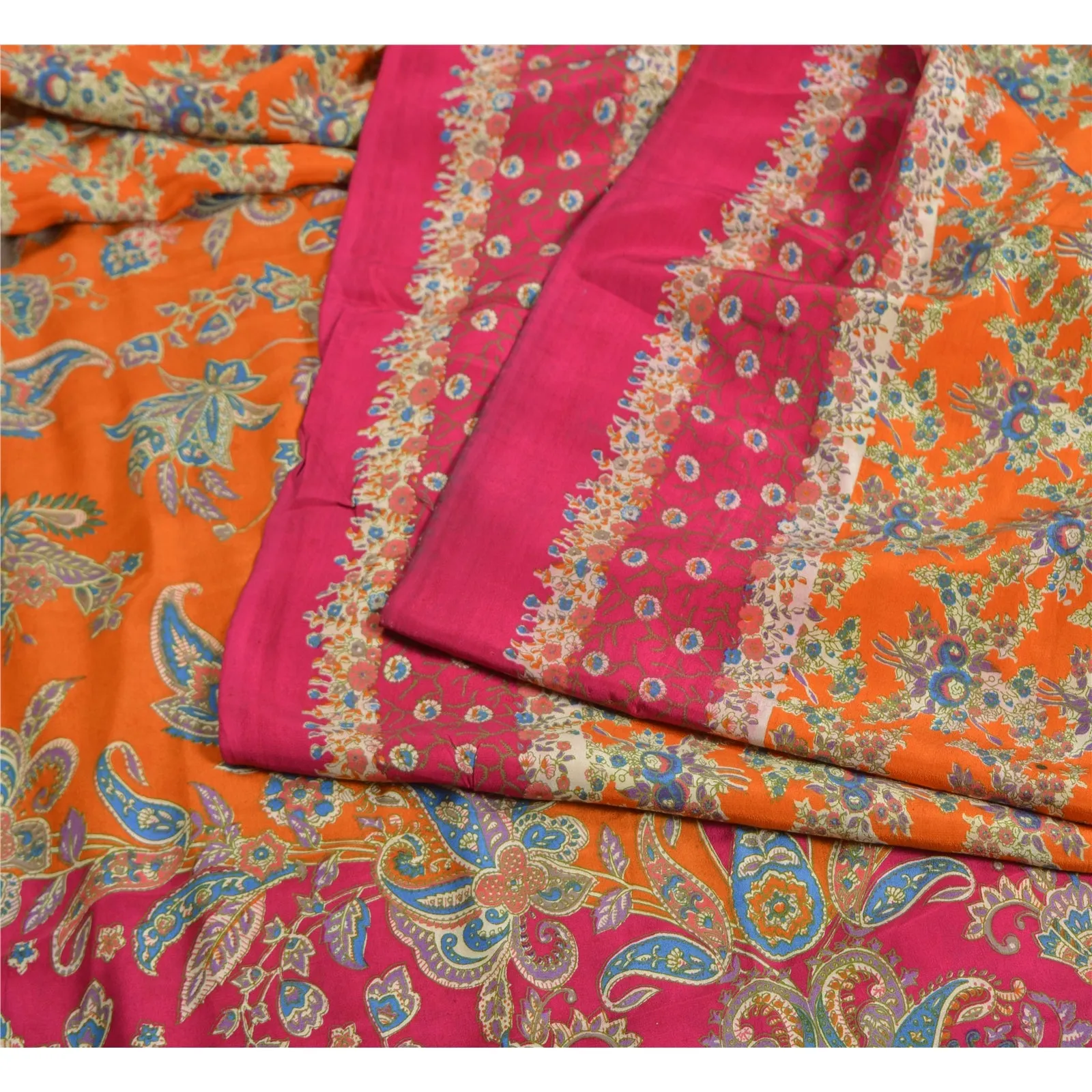 Sanskriti Vintage Sarees Orange/Pink Pure Crepe Silk Printed Sari Craft Fabric