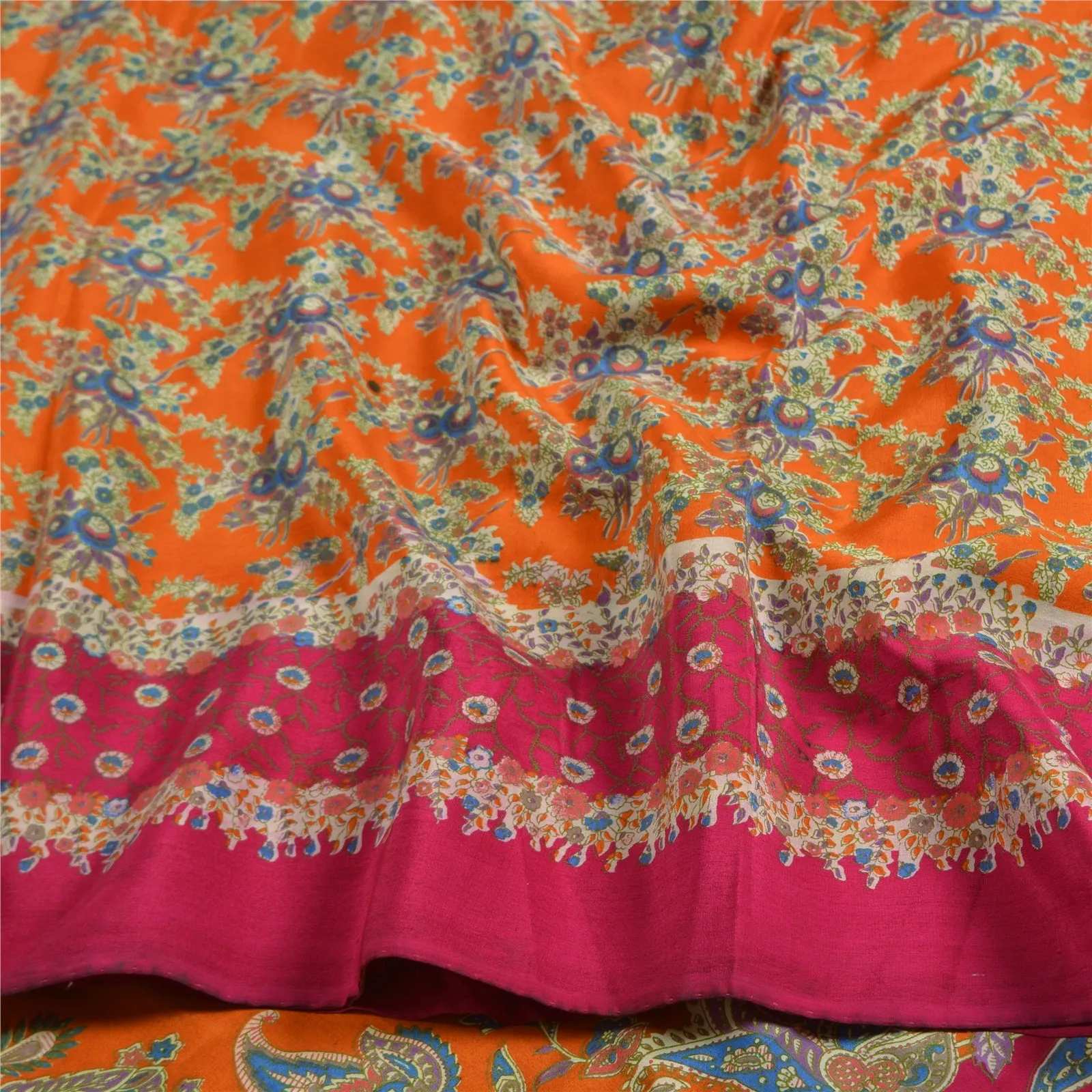 Sanskriti Vintage Sarees Orange/Pink Pure Crepe Silk Printed Sari Craft Fabric