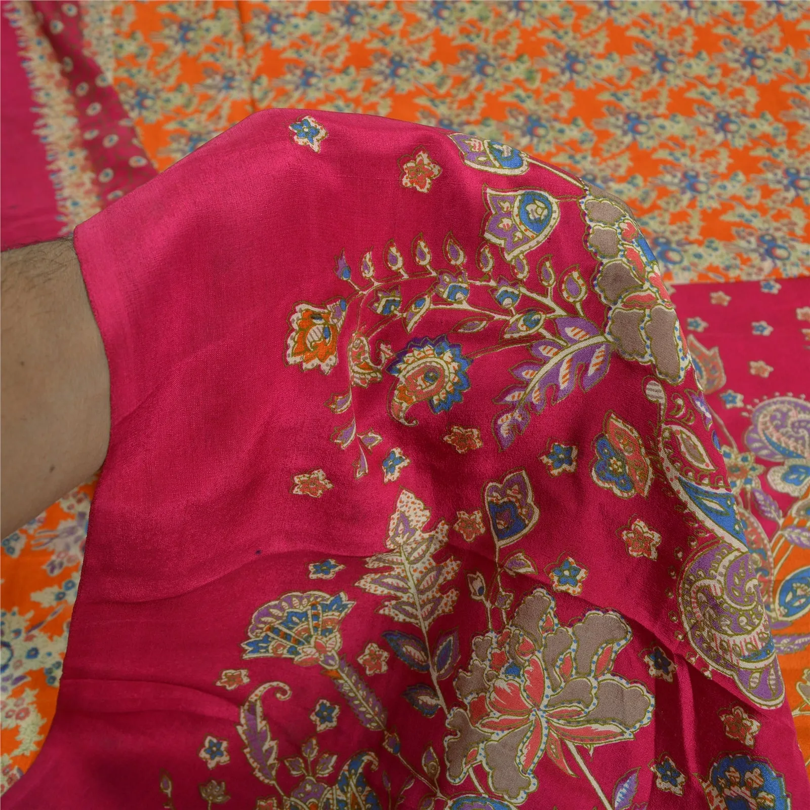 Sanskriti Vintage Sarees Orange/Pink Pure Crepe Silk Printed Sari Craft Fabric