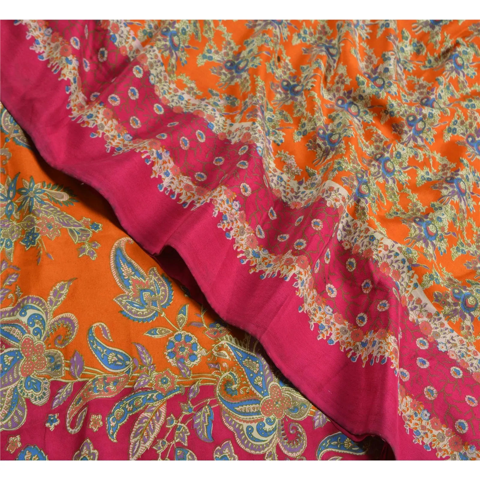 Sanskriti Vintage Sarees Orange/Pink Pure Crepe Silk Printed Sari Craft Fabric