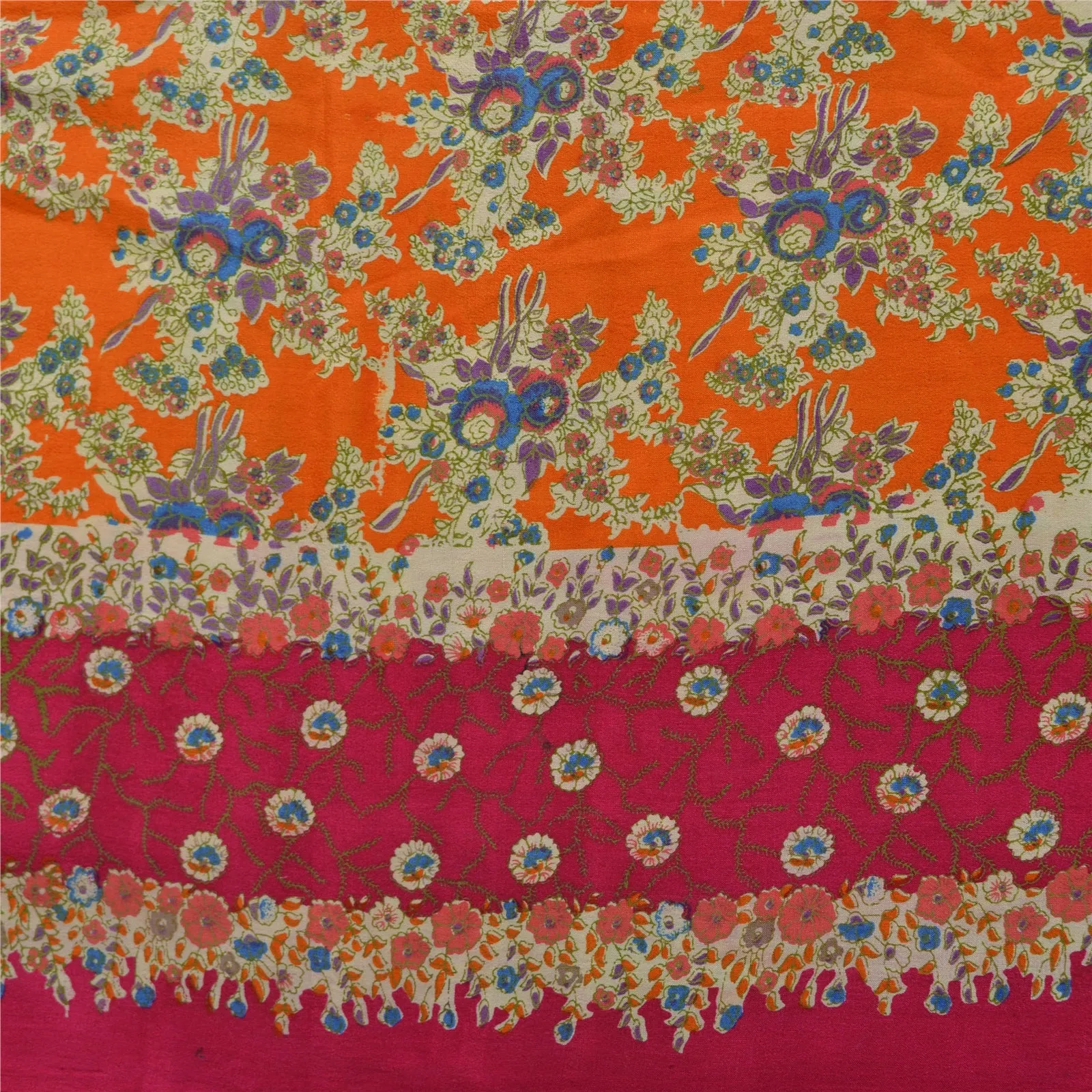 Sanskriti Vintage Sarees Orange/Pink Pure Crepe Silk Printed Sari Craft Fabric