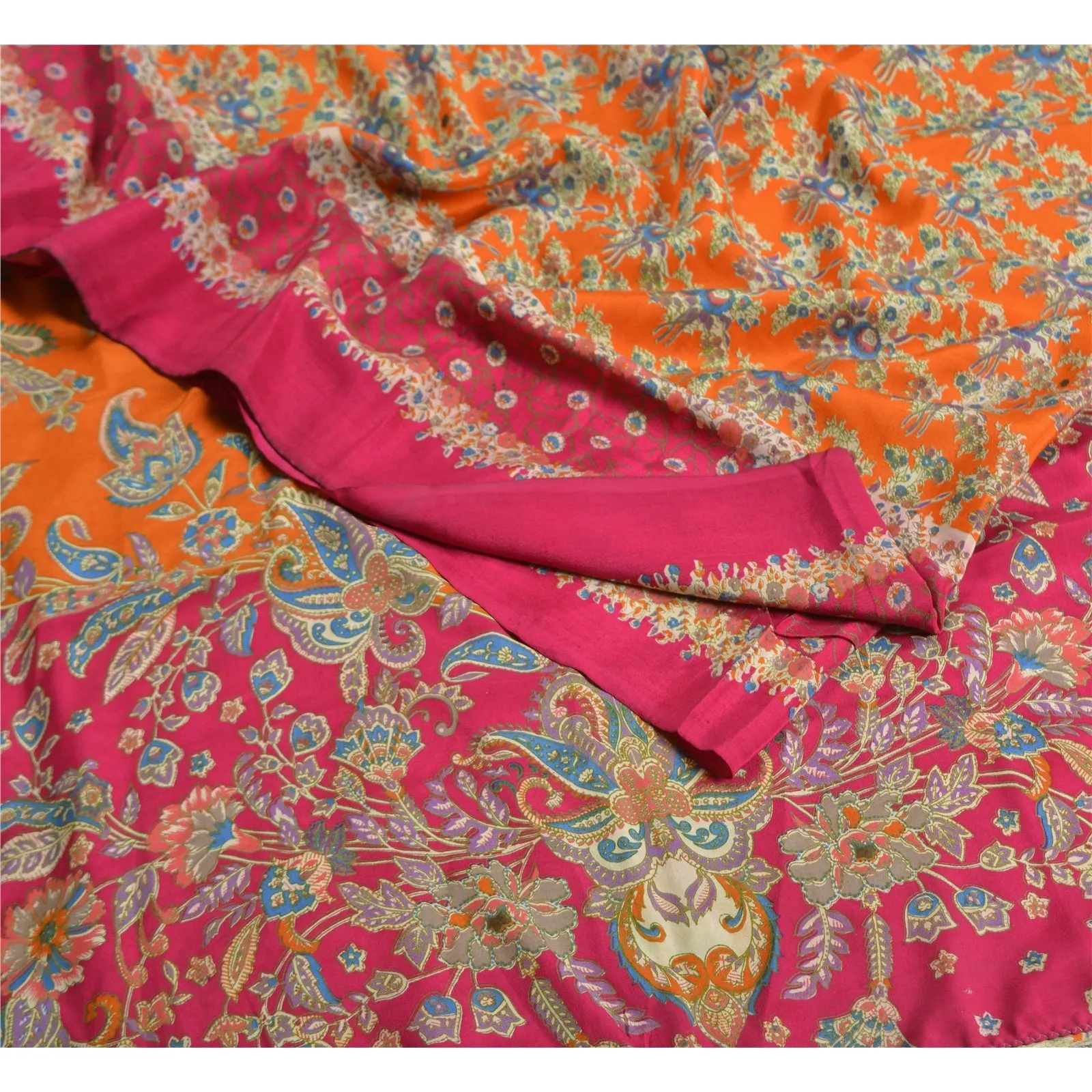 Sanskriti Vintage Sarees Orange/Pink Pure Crepe Silk Printed Sari Craft Fabric