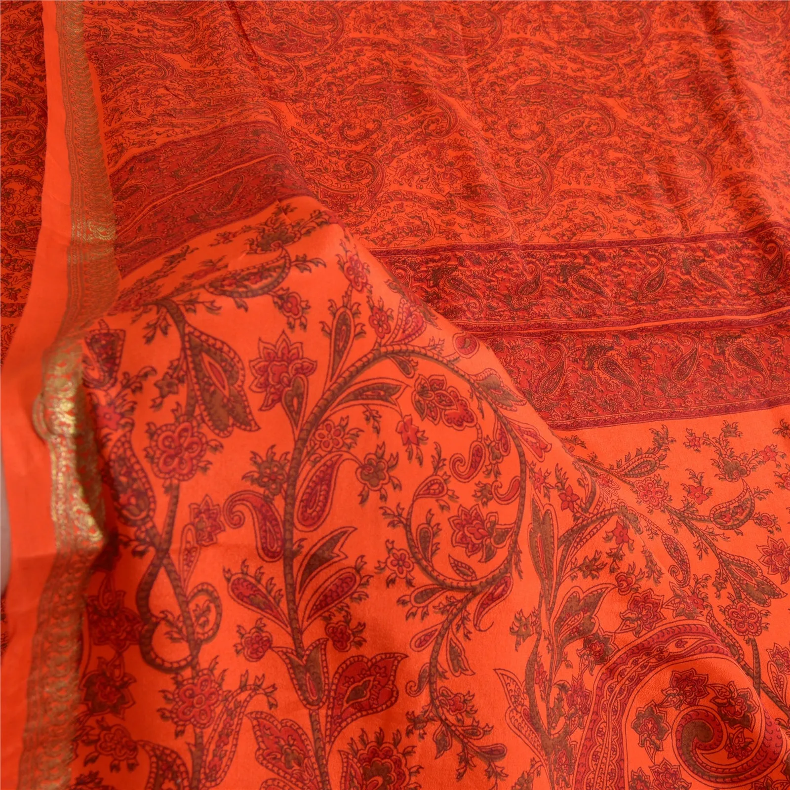 Sanskriti Vintage Sarees Orange/Red Zari Border Pure Silk Printed Sari Fabric