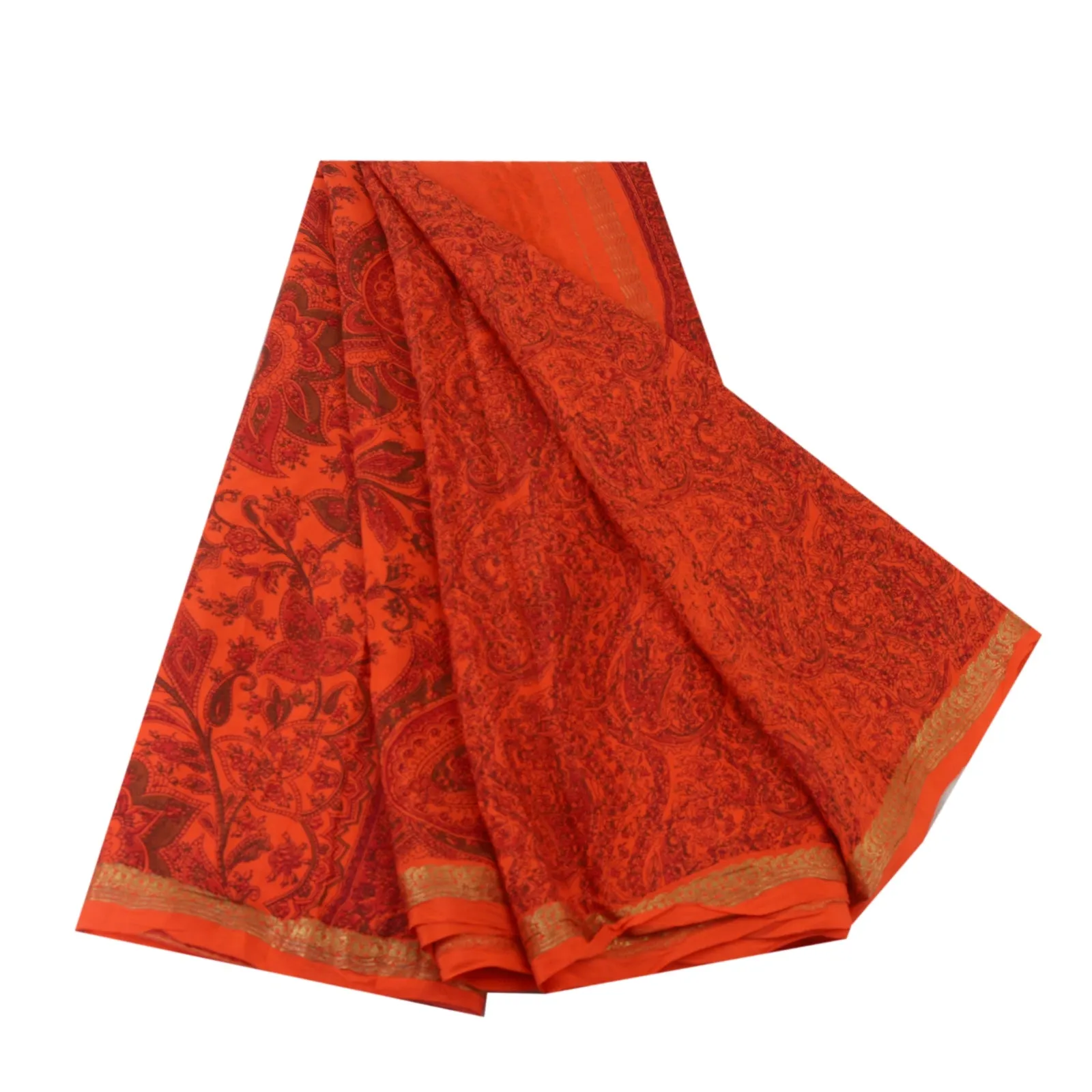 Sanskriti Vintage Sarees Orange/Red Zari Border Pure Silk Printed Sari Fabric