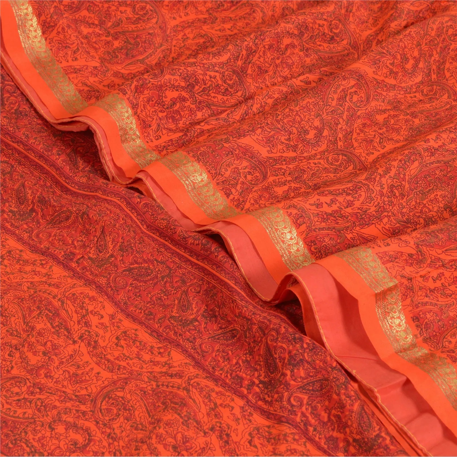 Sanskriti Vintage Sarees Orange/Red Zari Border Pure Silk Printed Sari Fabric