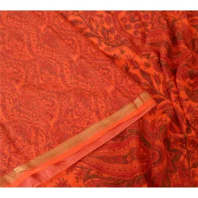 Sanskriti Vintage Sarees Orange/Red Zari Border Pure Silk Printed Sari Fabric