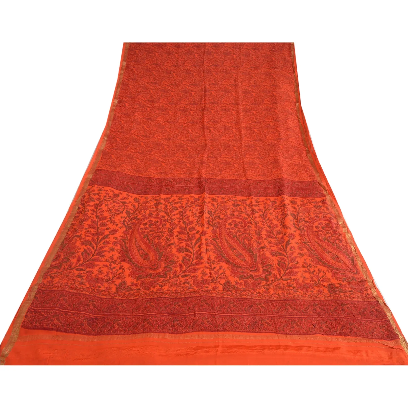 Sanskriti Vintage Sarees Orange/Red Zari Border Pure Silk Printed Sari Fabric