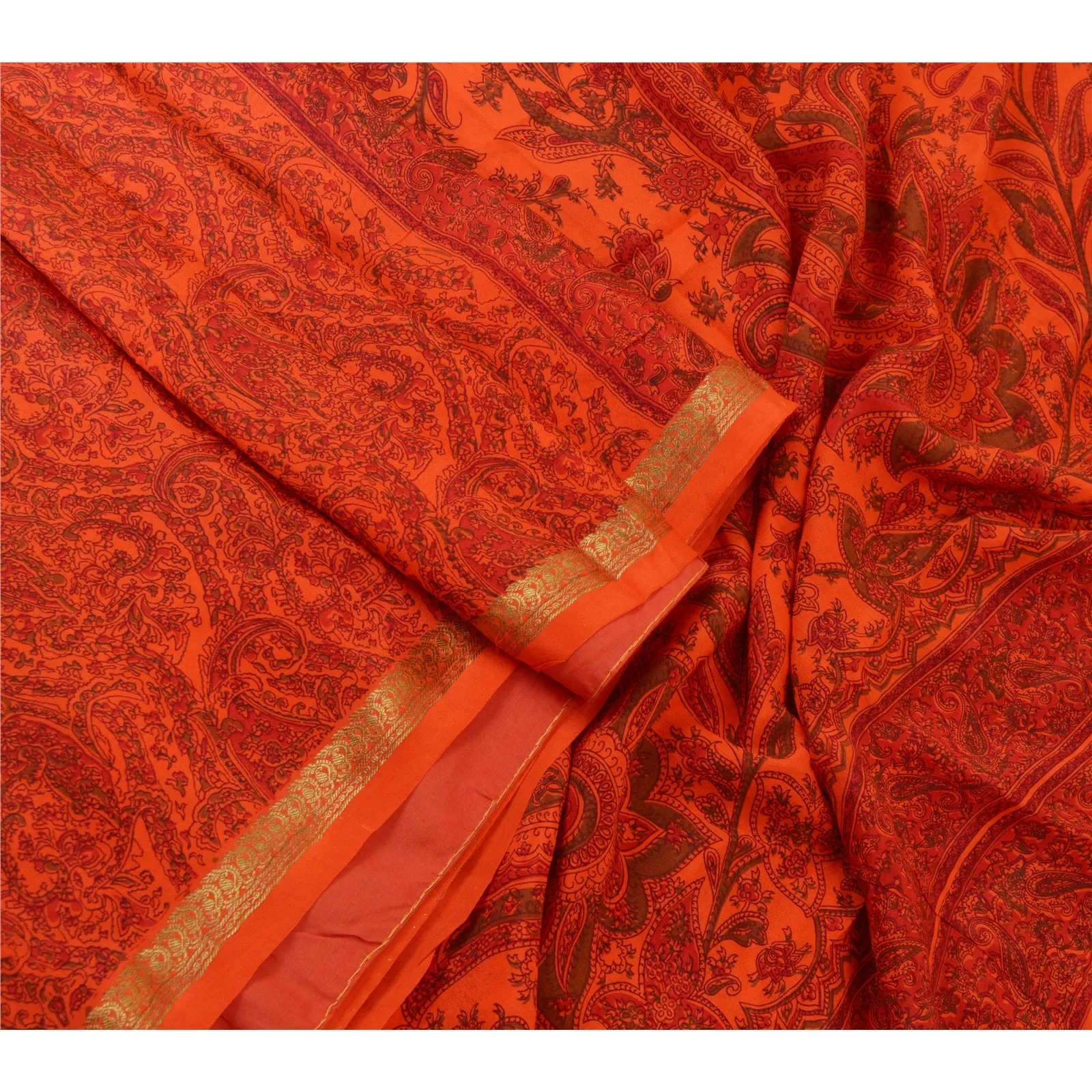 Sanskriti Vintage Sarees Orange/Red Zari Border Pure Silk Printed Sari Fabric