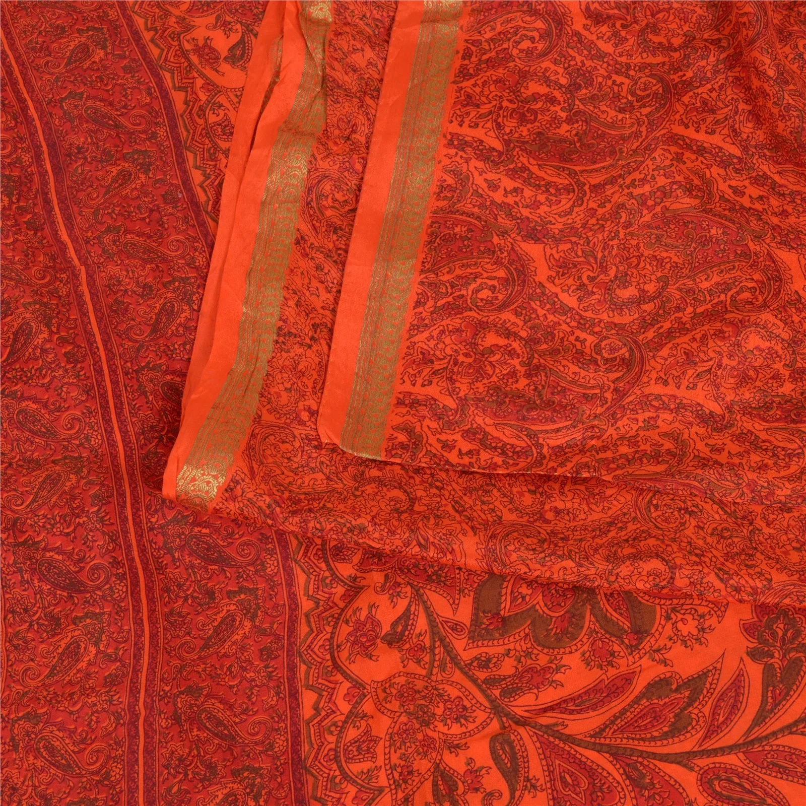 Sanskriti Vintage Sarees Orange/Red Zari Border Pure Silk Printed Sari Fabric