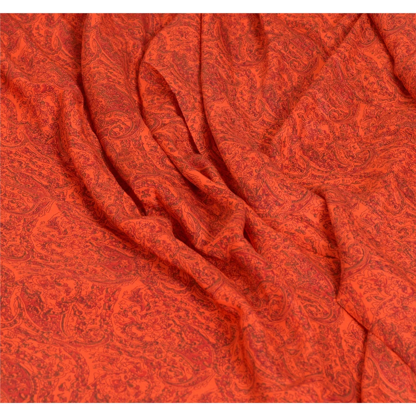 Sanskriti Vintage Sarees Orange/Red Zari Border Pure Silk Printed Sari Fabric