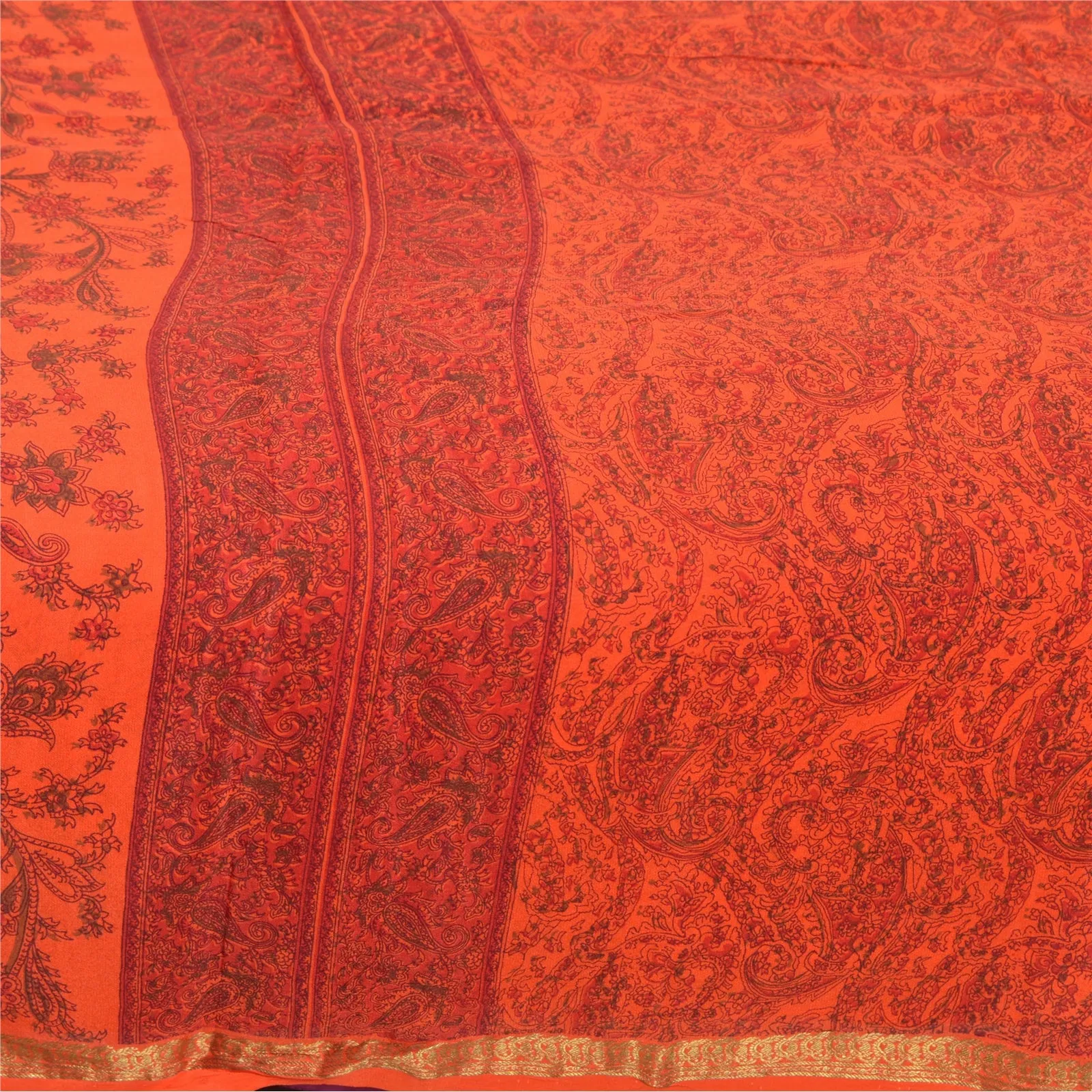 Sanskriti Vintage Sarees Orange/Red Zari Border Pure Silk Printed Sari Fabric