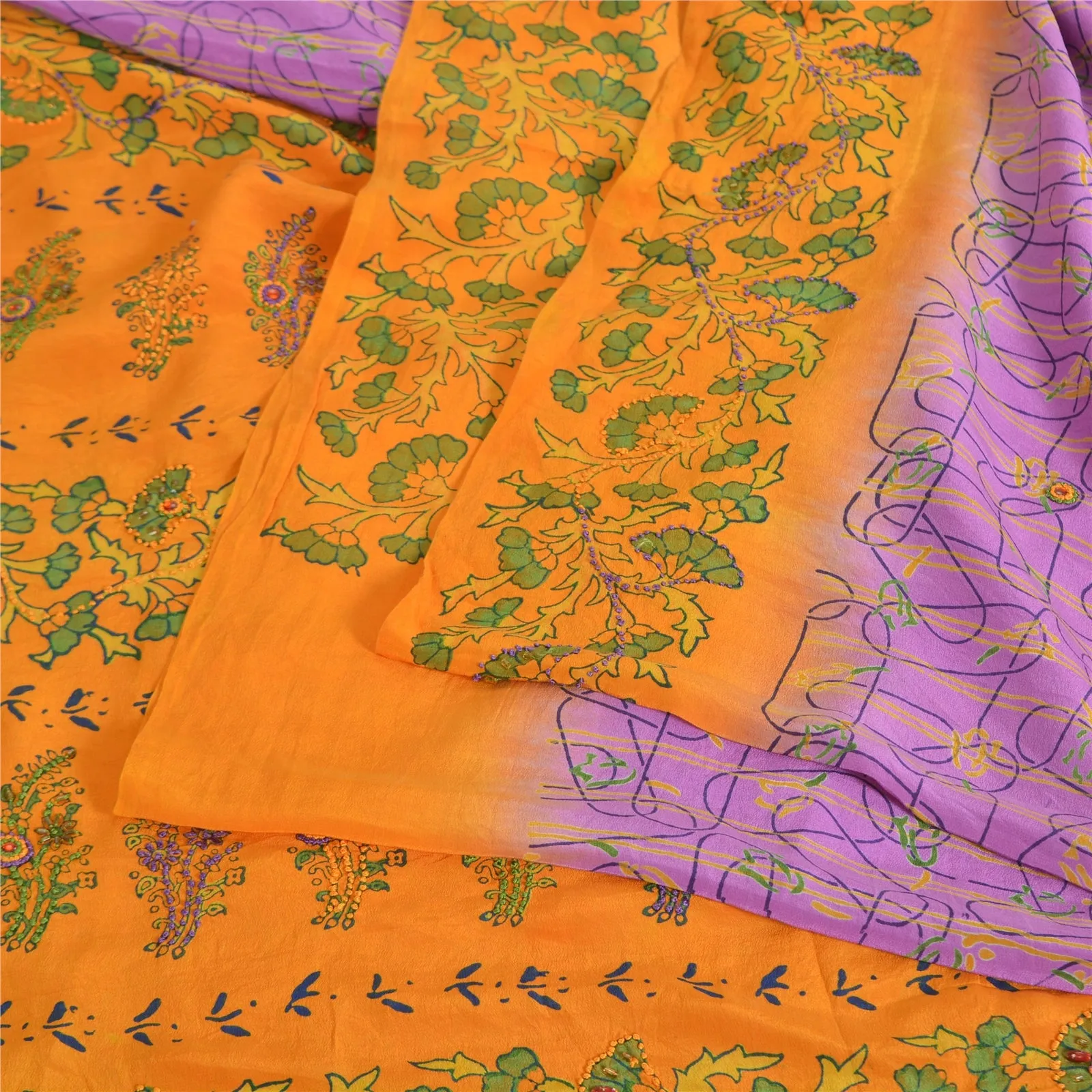 Sanskriti Vintage Sarees Purple/Yellow Pure Crepe Printed Sari 5yd Craft Fabric