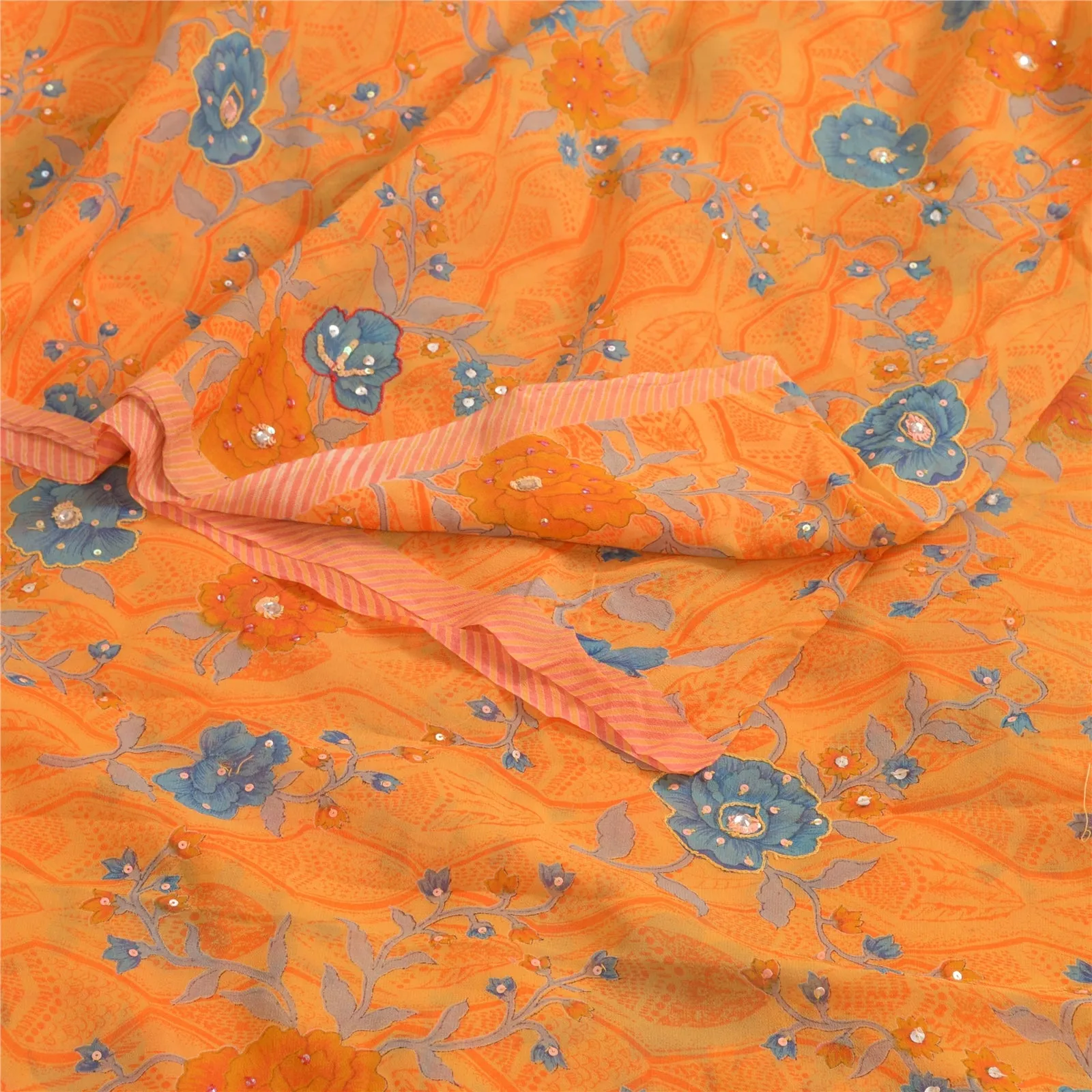 Sanskriti Vintage Sarees Saffron Hand Beaded Pure Georgette Print Sari Fabric