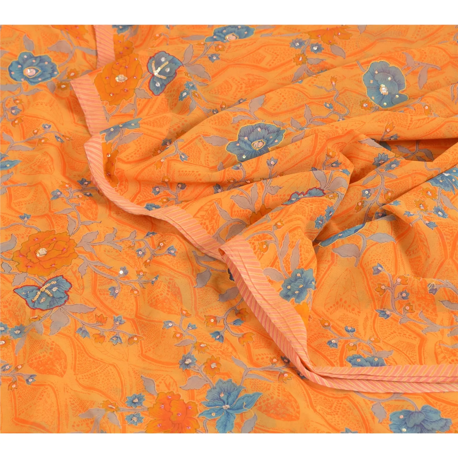 Sanskriti Vintage Sarees Saffron Hand Beaded Pure Georgette Print Sari Fabric