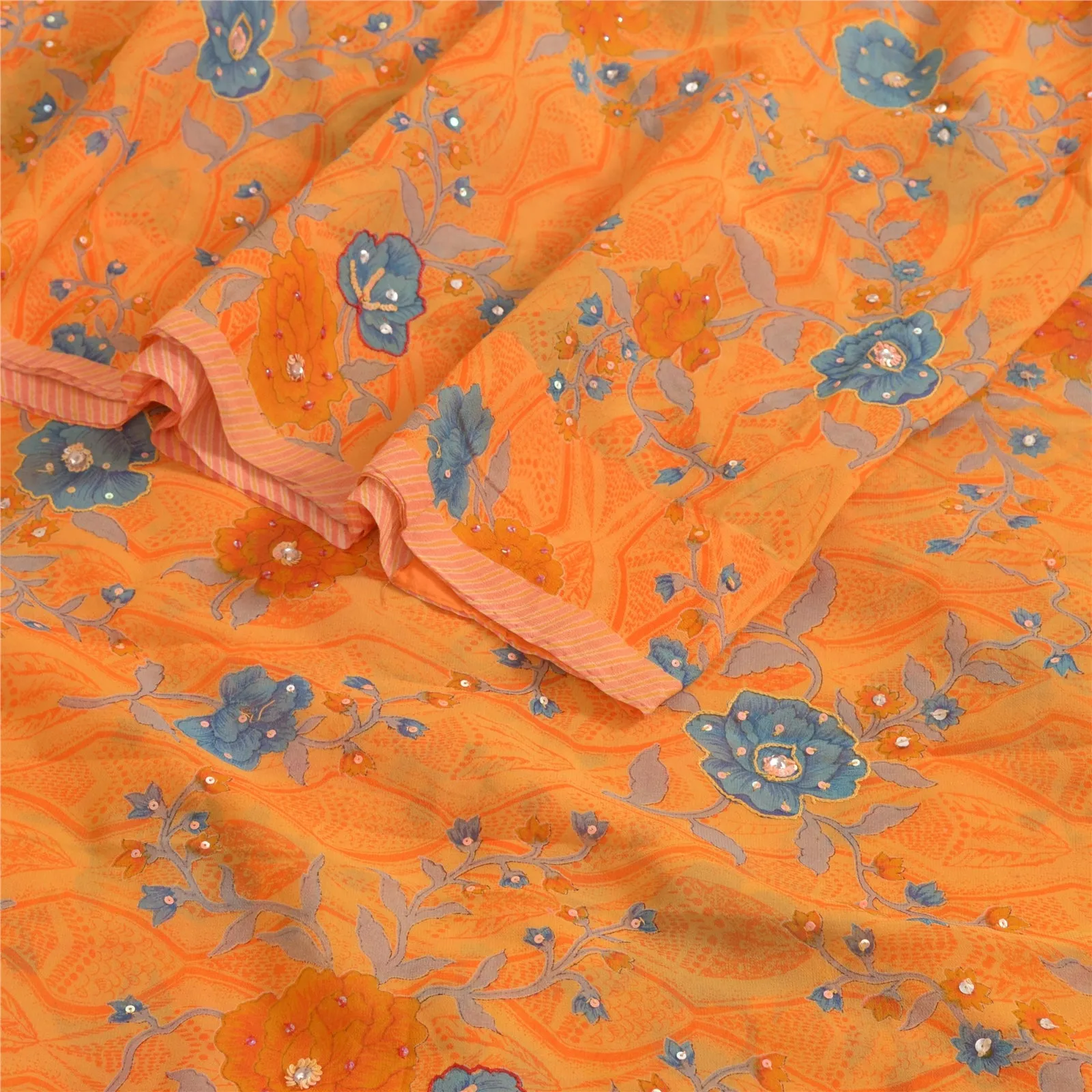 Sanskriti Vintage Sarees Saffron Hand Beaded Pure Georgette Print Sari Fabric