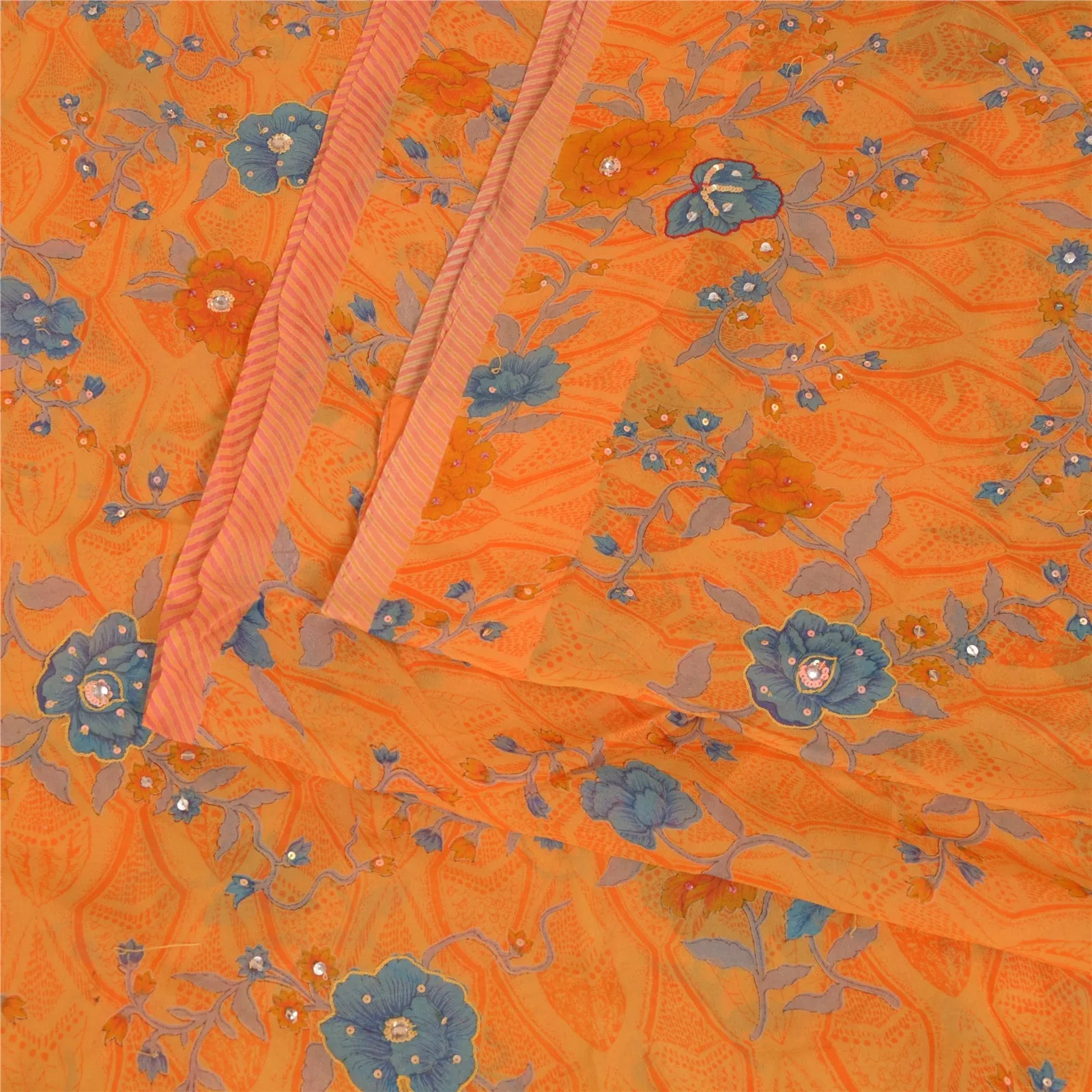 Sanskriti Vintage Sarees Saffron Hand Beaded Pure Georgette Print Sari Fabric