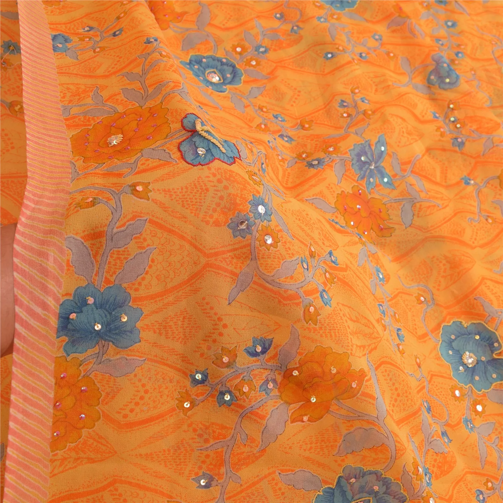 Sanskriti Vintage Sarees Saffron Hand Beaded Pure Georgette Print Sari Fabric