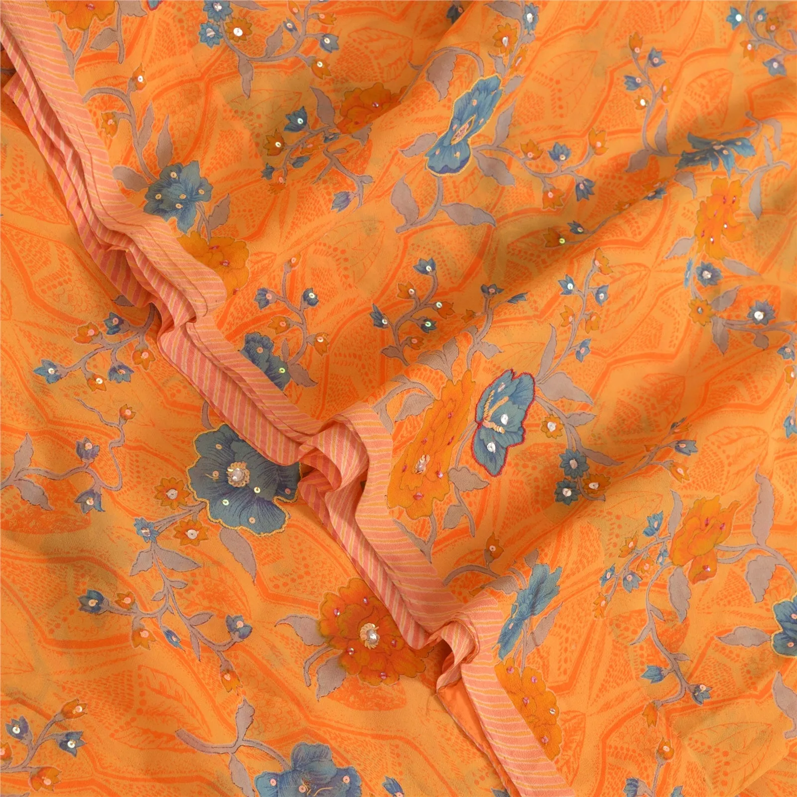 Sanskriti Vintage Sarees Saffron Hand Beaded Pure Georgette Print Sari Fabric