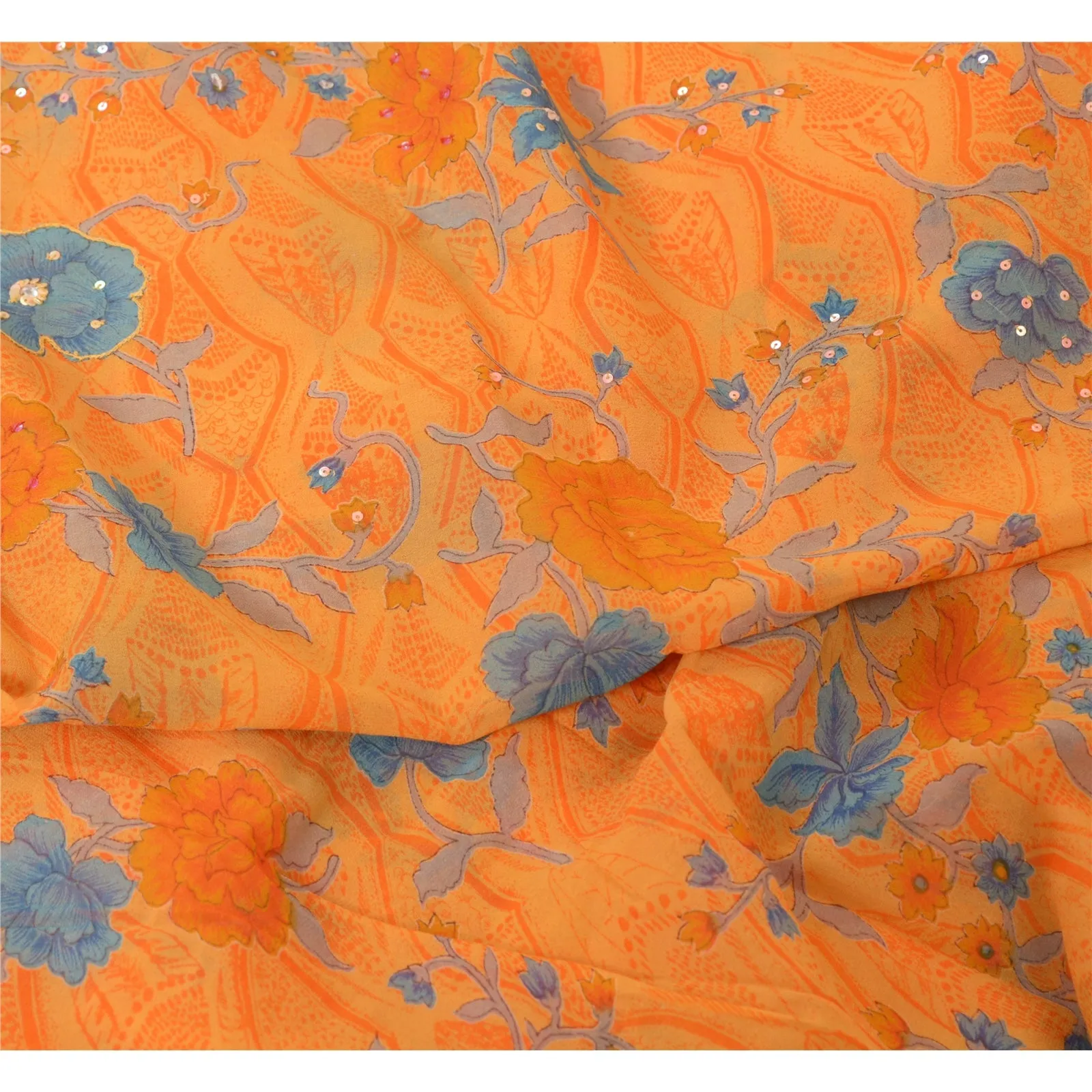 Sanskriti Vintage Sarees Saffron Hand Beaded Pure Georgette Print Sari Fabric