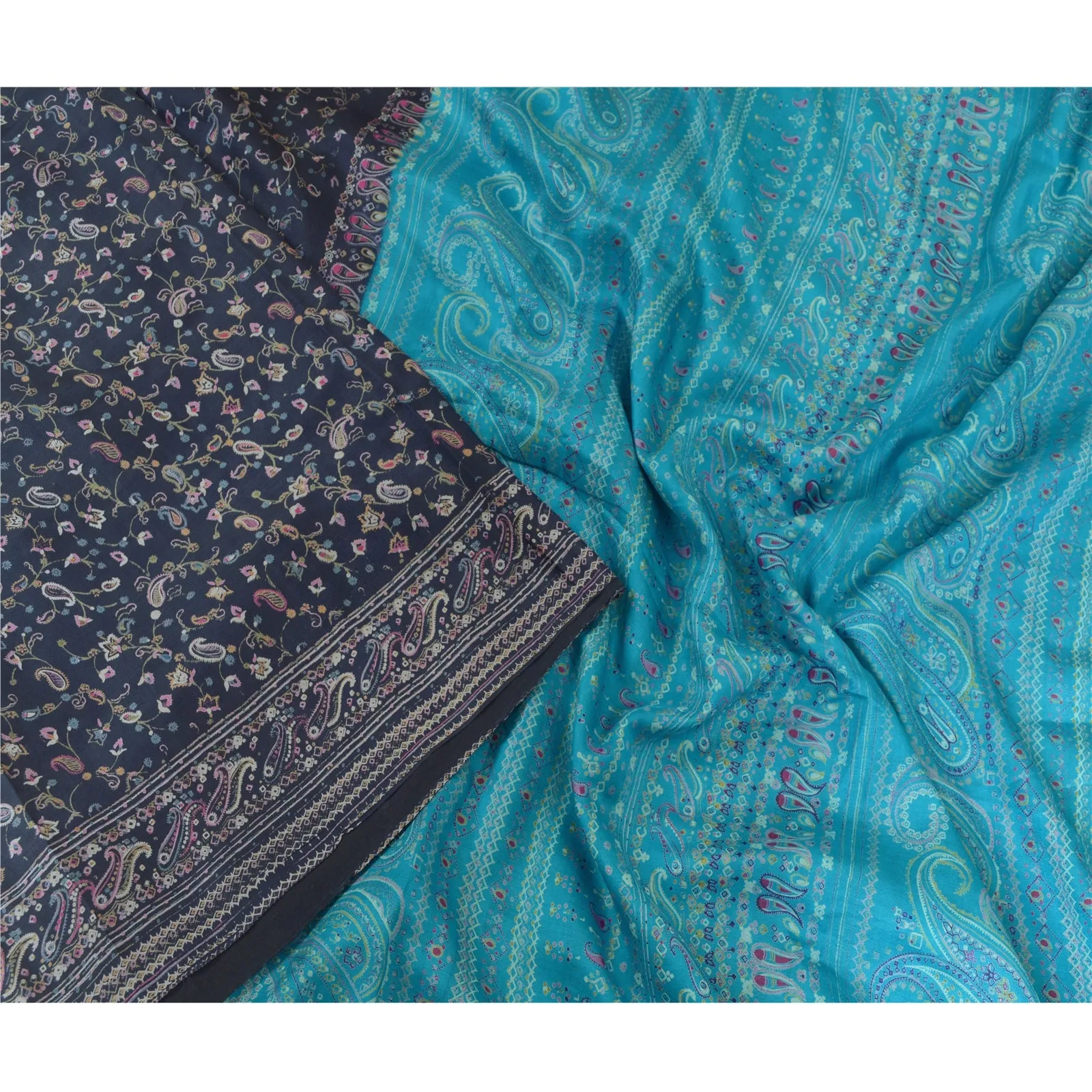 Sanskriti Vintage Sarees Shades of Blue Pure Silk Printed Sari 5yd Craft Fabric