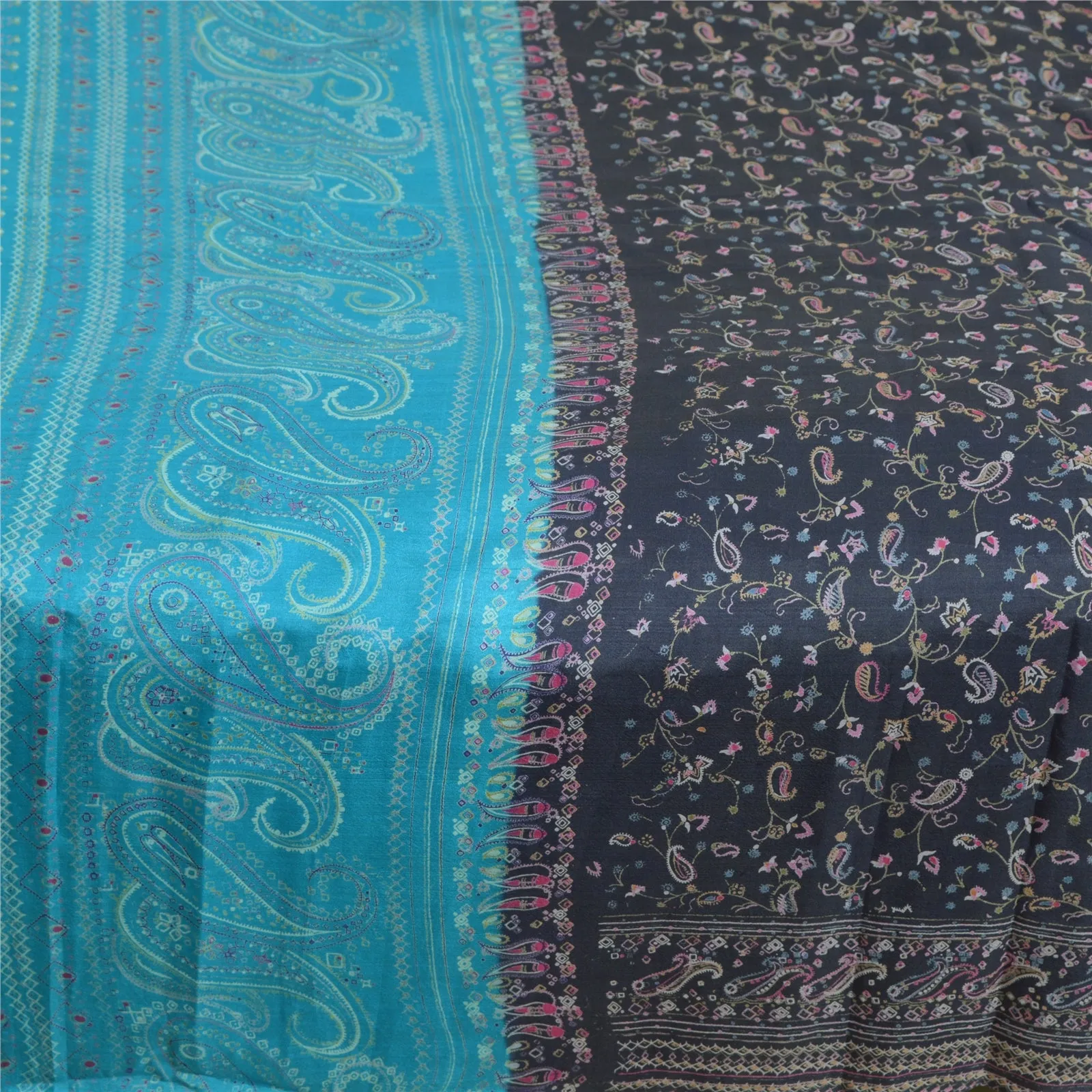 Sanskriti Vintage Sarees Shades of Blue Pure Silk Printed Sari 5yd Craft Fabric