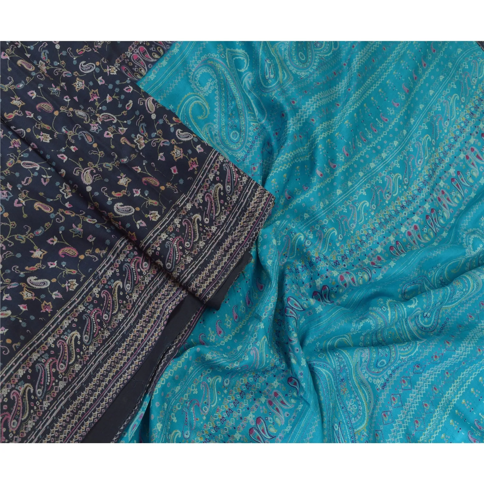 Sanskriti Vintage Sarees Shades of Blue Pure Silk Printed Sari 5yd Craft Fabric