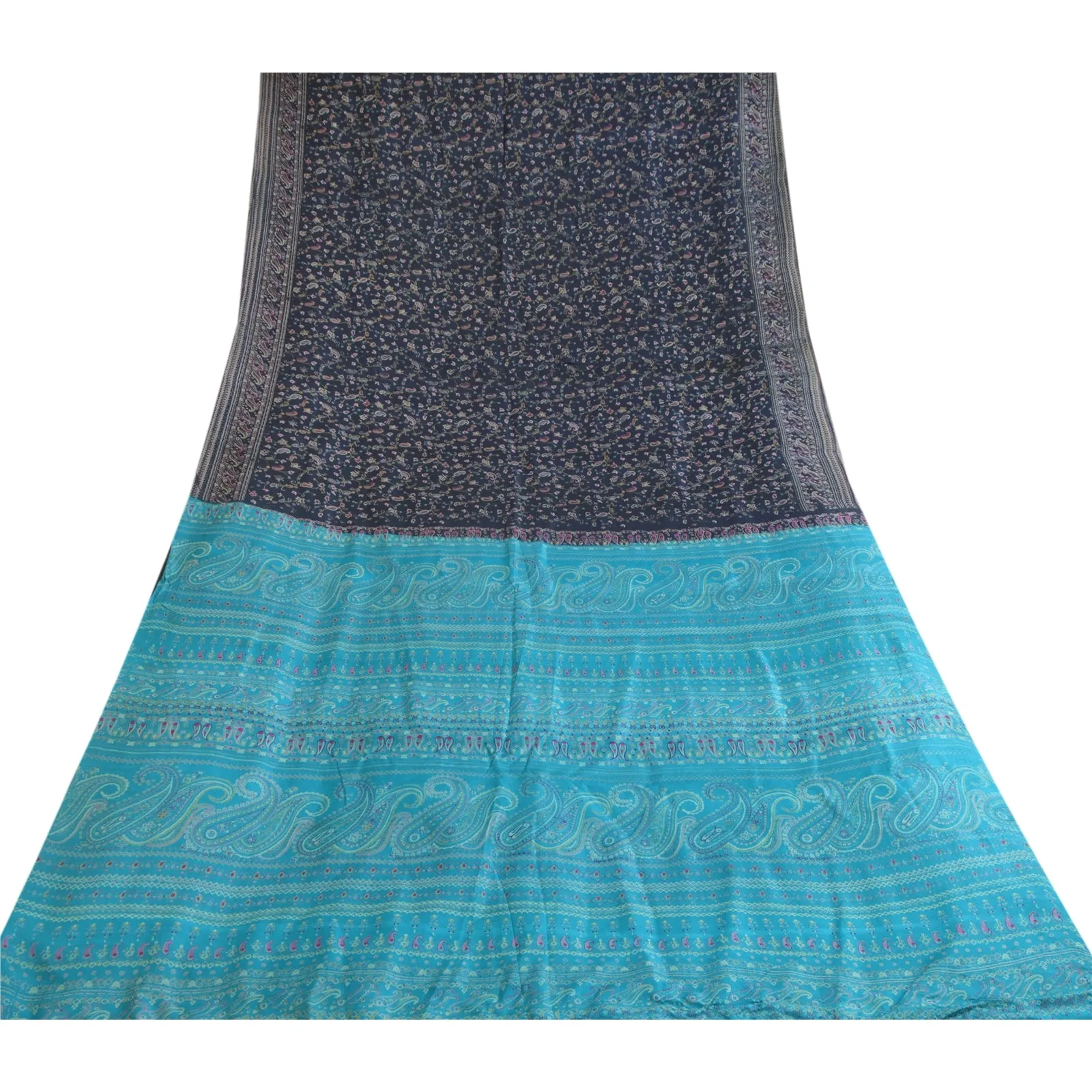 Sanskriti Vintage Sarees Shades of Blue Pure Silk Printed Sari 5yd Craft Fabric