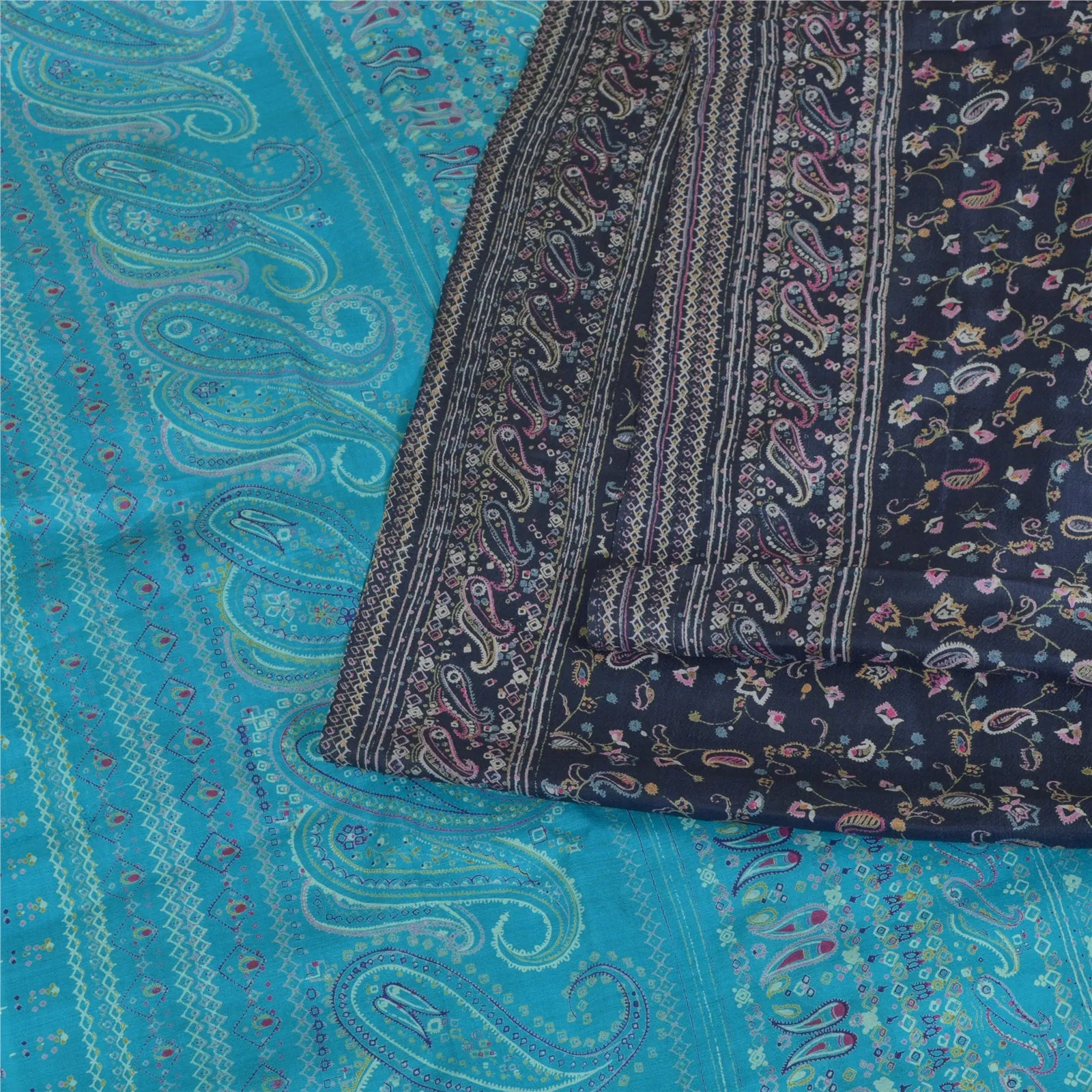 Sanskriti Vintage Sarees Shades of Blue Pure Silk Printed Sari 5yd Craft Fabric