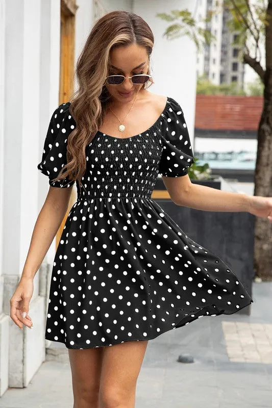 Scoop Neck Polka Dot Short Dress