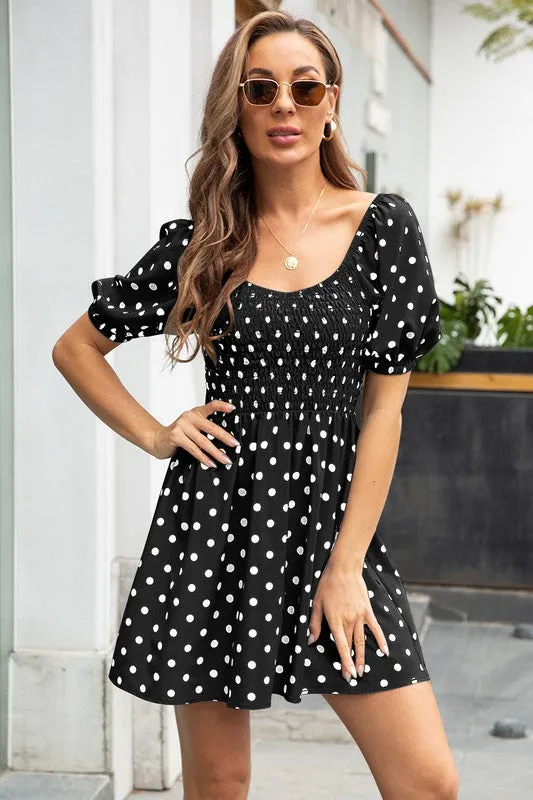 Scoop Neck Polka Dot Short Dress