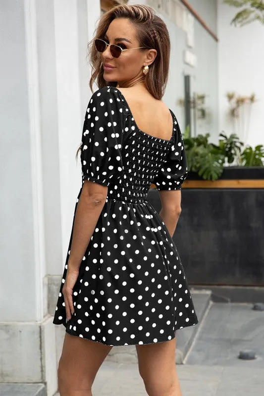 Scoop Neck Polka Dot Short Dress