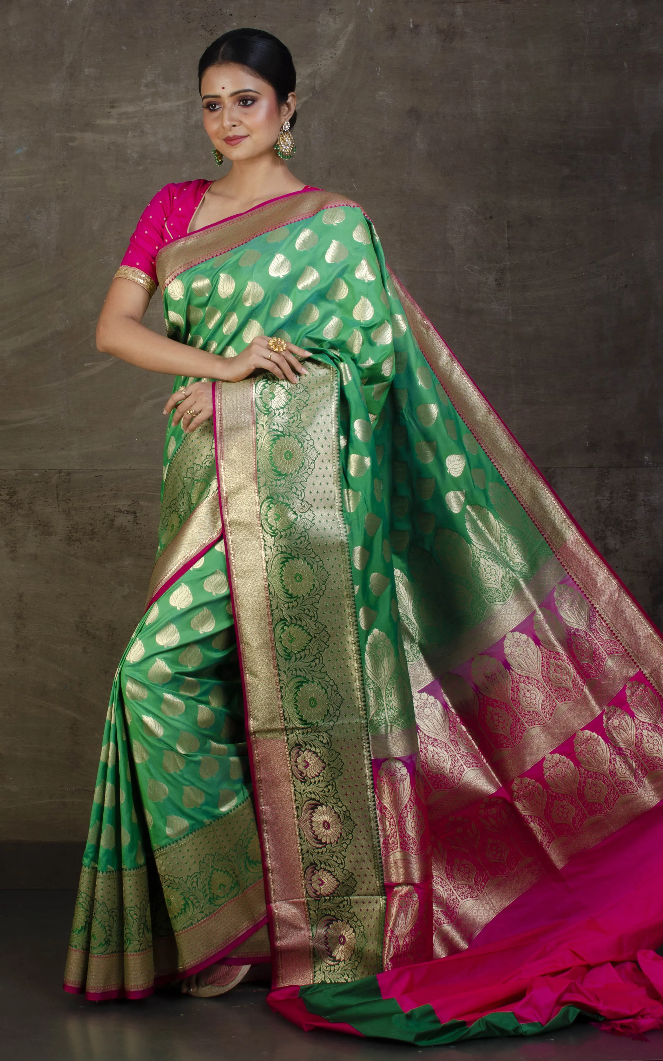 Soft Designer Semi Katan Silk Saree in Leaf Green and Dark Pink