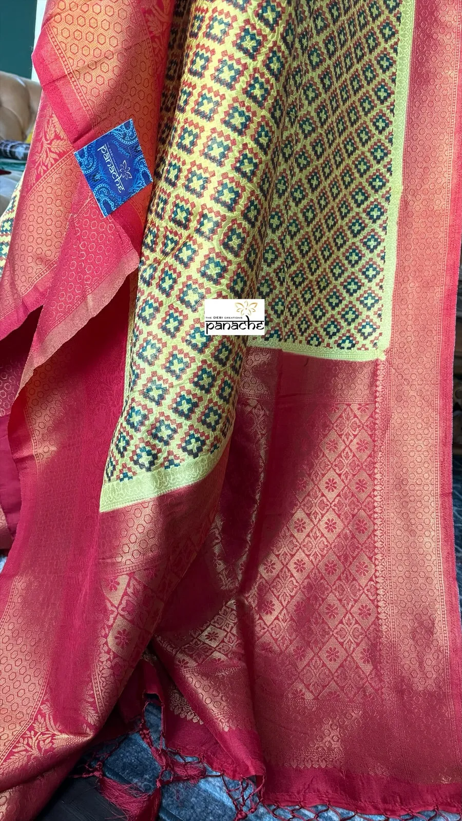 Soft Silk Banaras Saree - Yellow Red