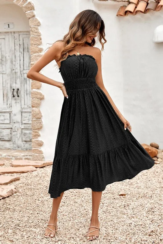 Solid Off Shoulder Sleeveless Lace Ruffle Hem