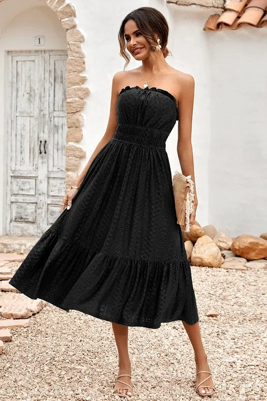 Solid Off Shoulder Sleeveless Lace Ruffle Hem