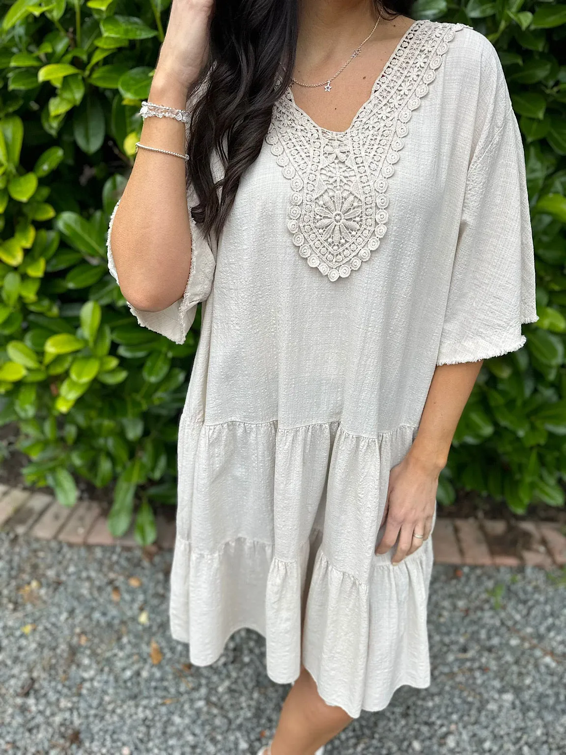 Stone Crochet Tiered Tunic Dress Brenda