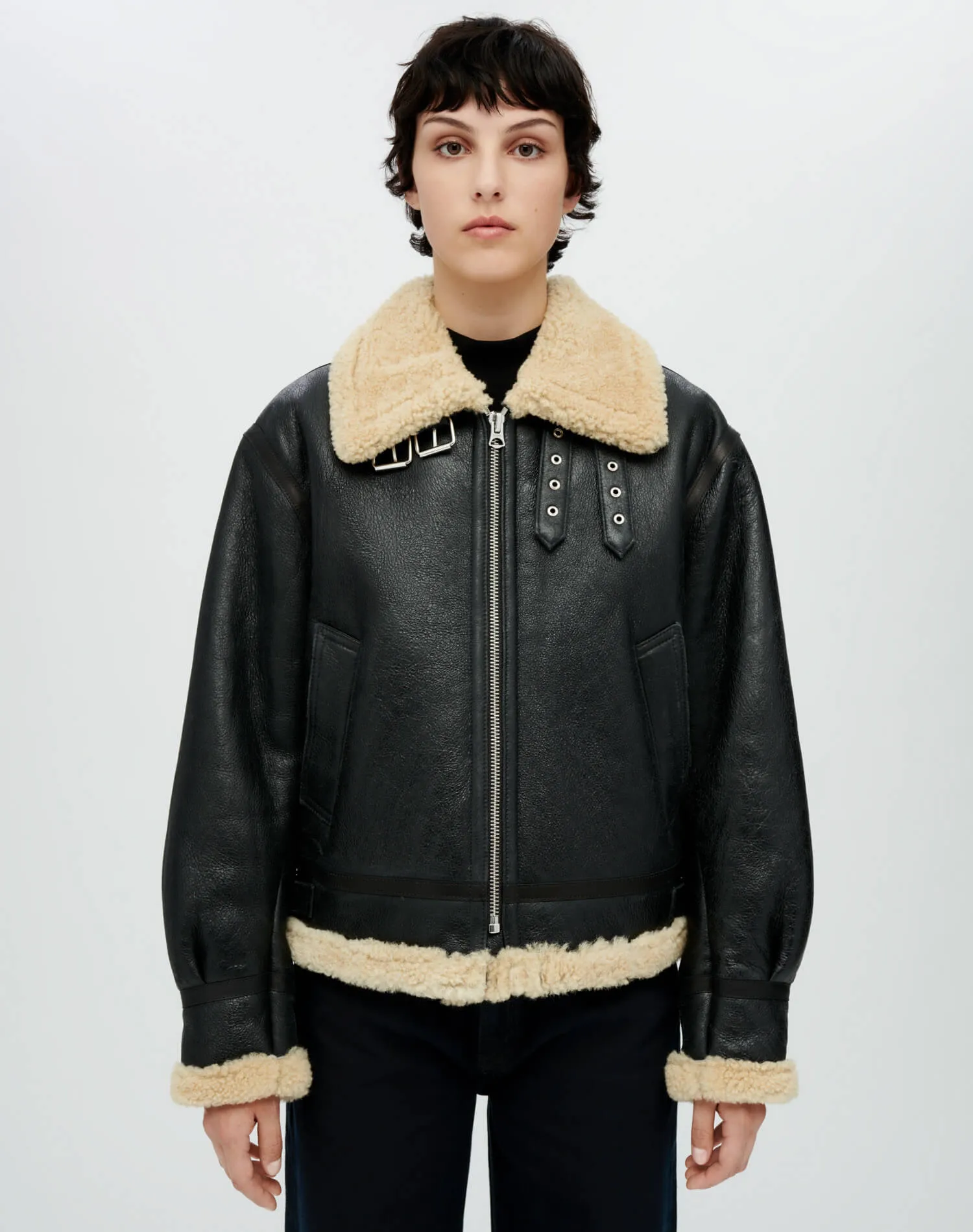 Suede Shearling Aviator Jacket - Black Leather