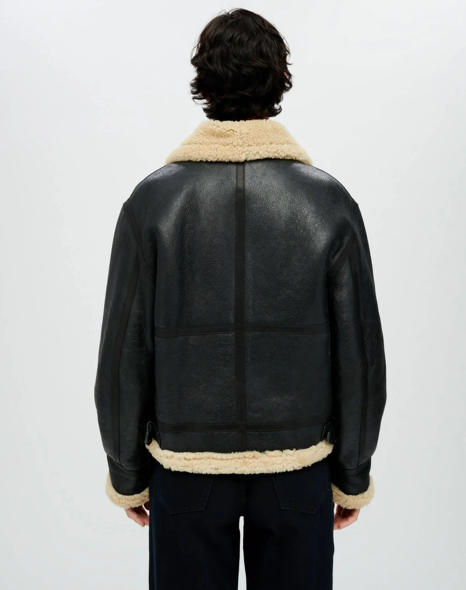 Suede Shearling Aviator Jacket - Black Leather