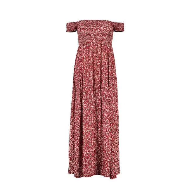 Sweet Pleated Tube Tunic Maxi Dress Red Floral Off Shoulder High Split Beach Dress