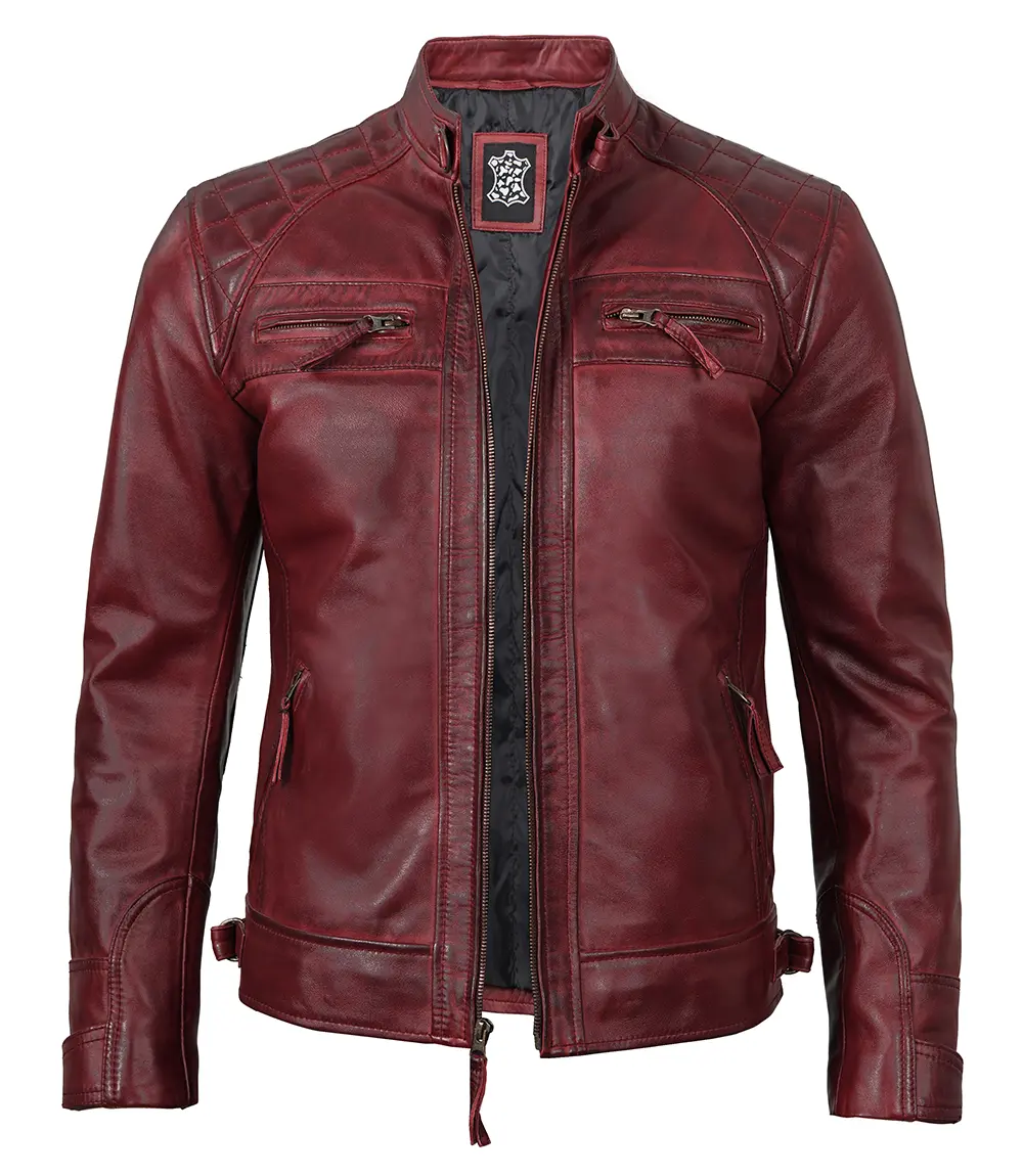 Tall Men's Real Leather Maroon Biker Jacket