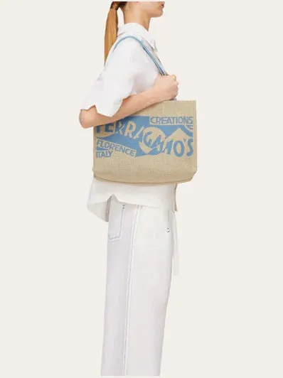 Tote Bag with Logo in Natural/Sky Blue (M)