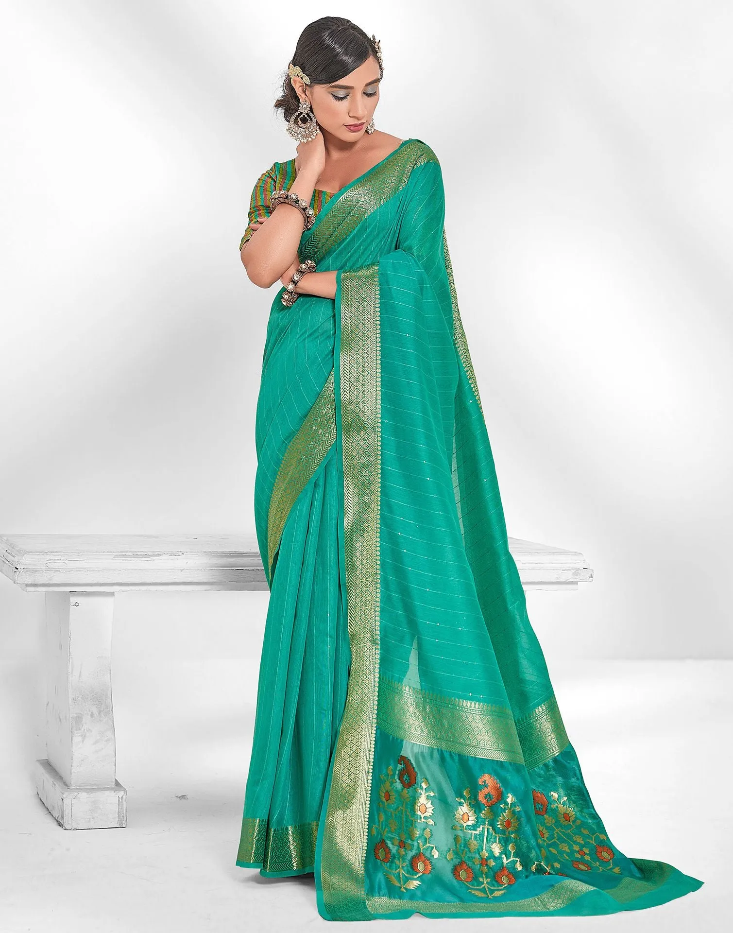 Turquoise Cotton Saree