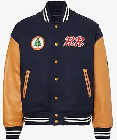 UNDERCOVER Mens Navy Twin Peaks embroidered-patch leather and woven varsity jacket