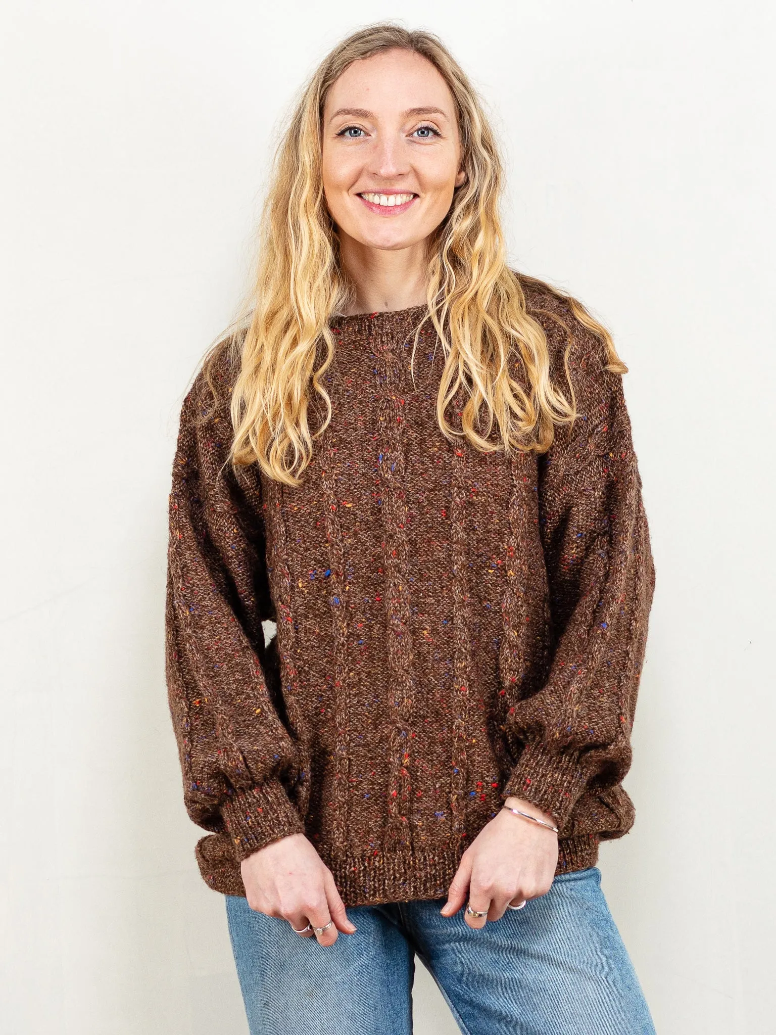 Vintage 80's Women Cable Knit Sweater in Brown