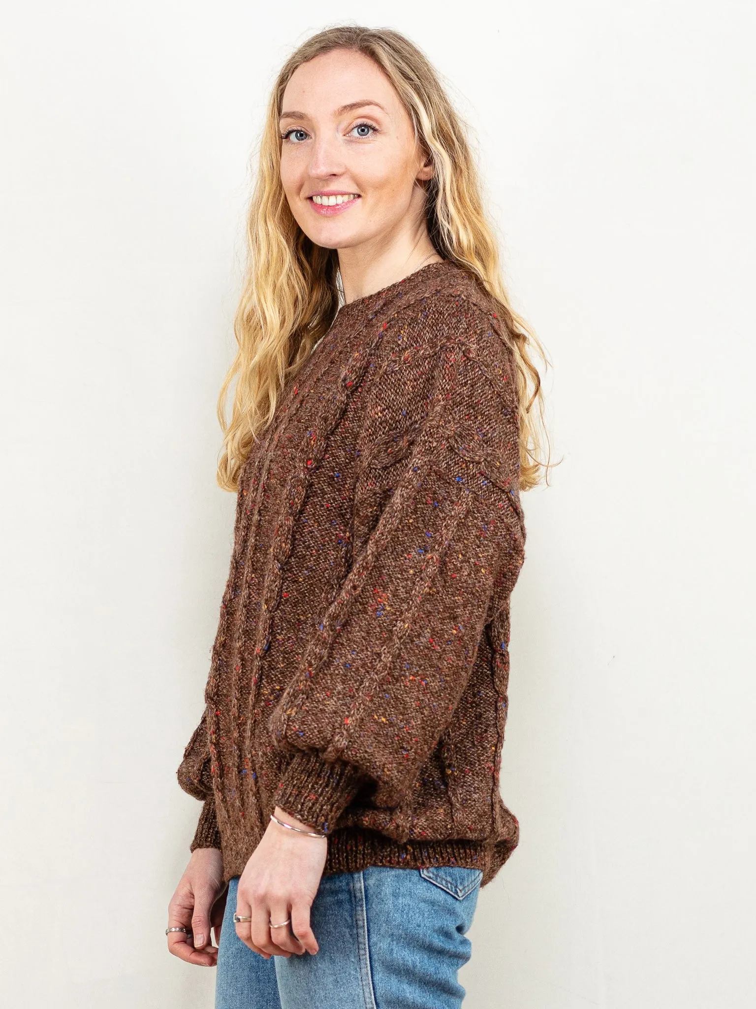 Vintage 80's Women Cable Knit Sweater in Brown