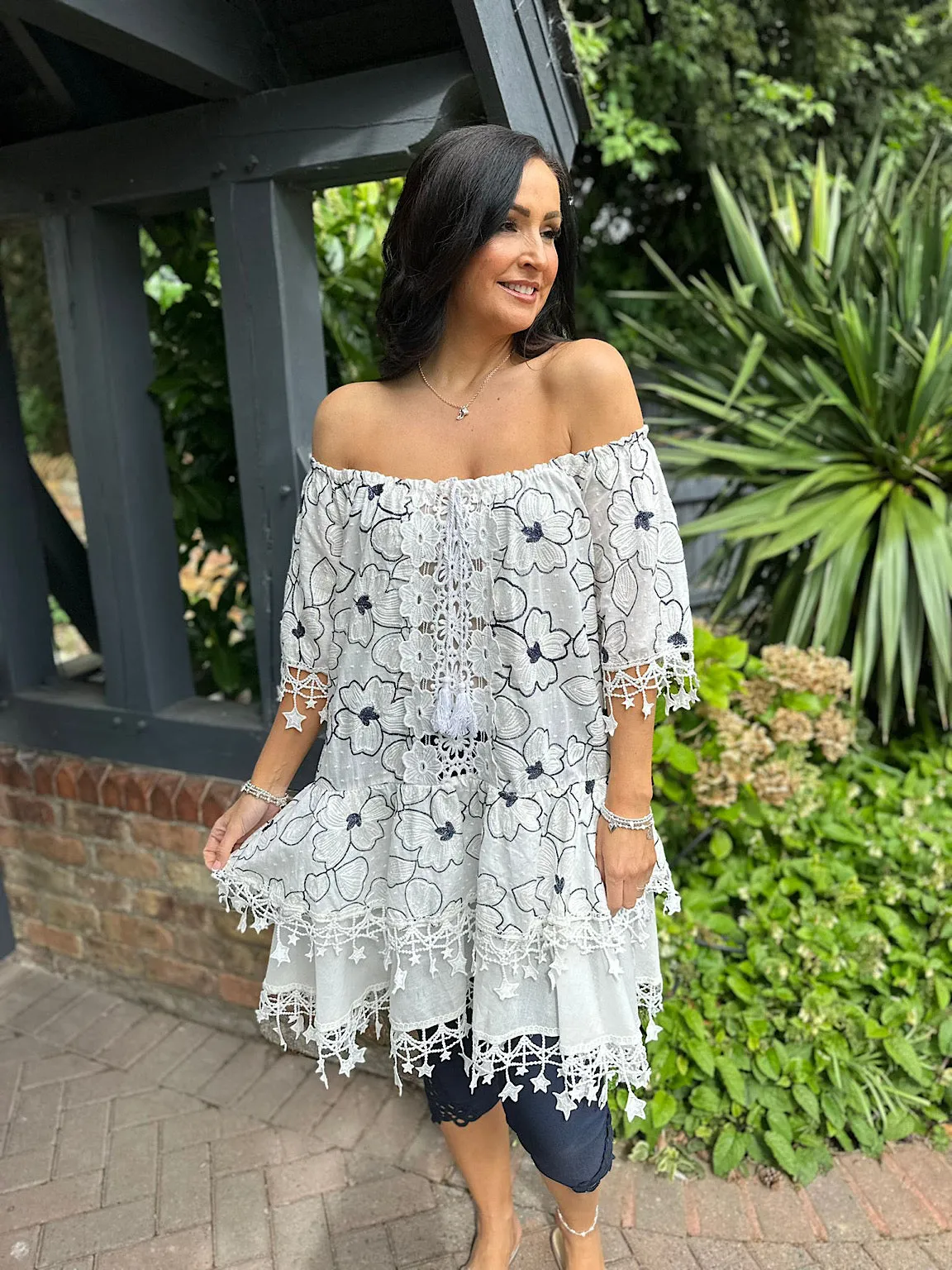 White Crochet Star Hem Floral Dress Amelia