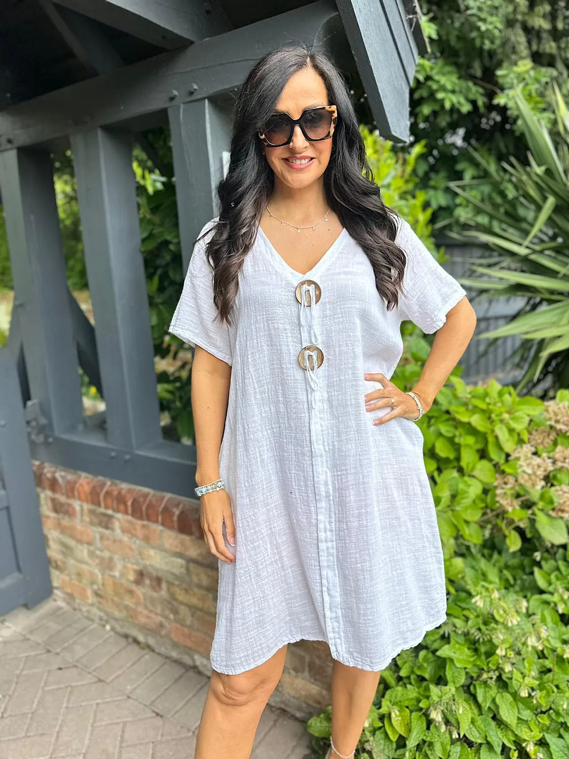 White V Neck Button Tunic Dress Sandra