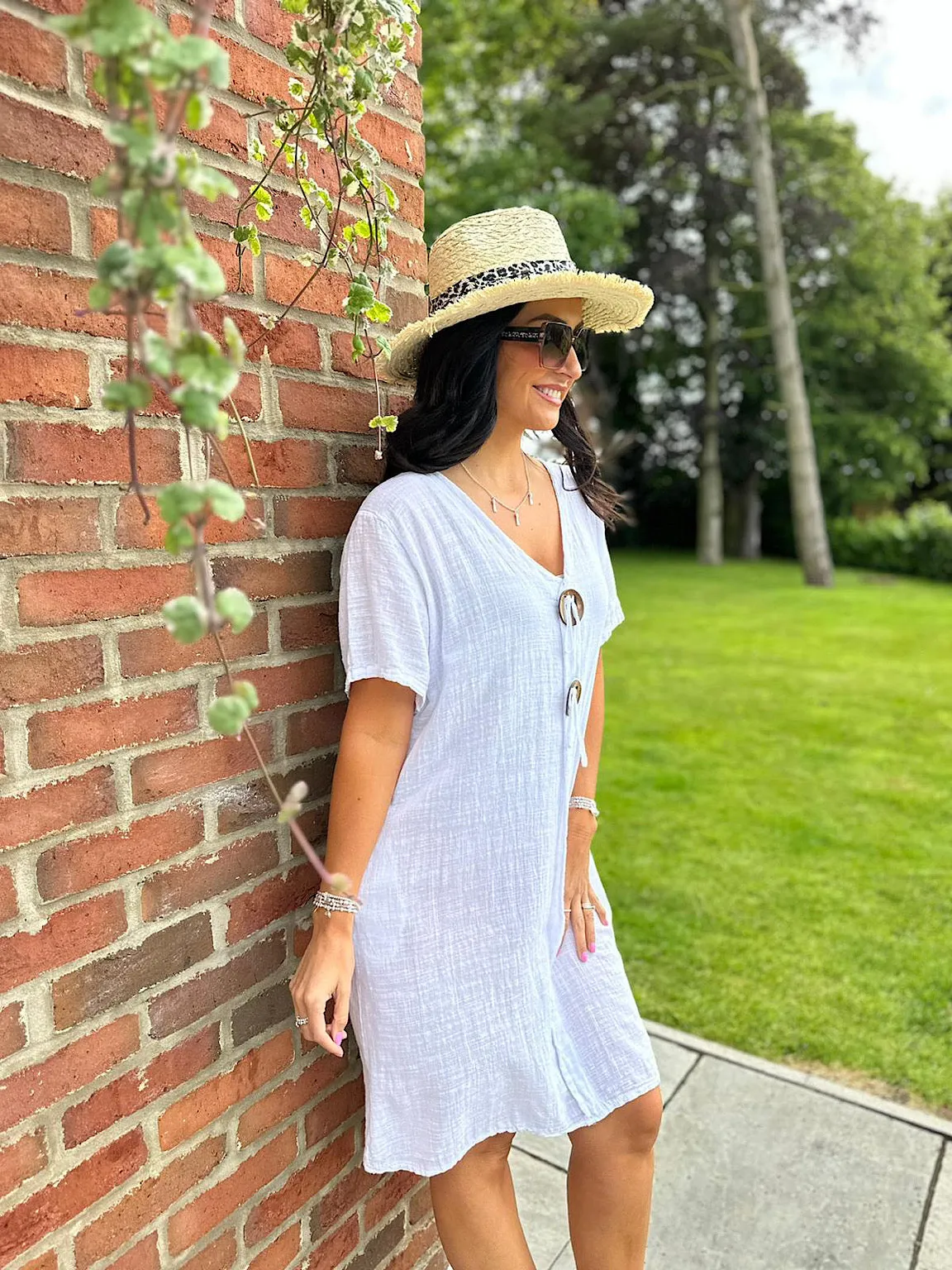 White V Neck Button Tunic Dress Sandra